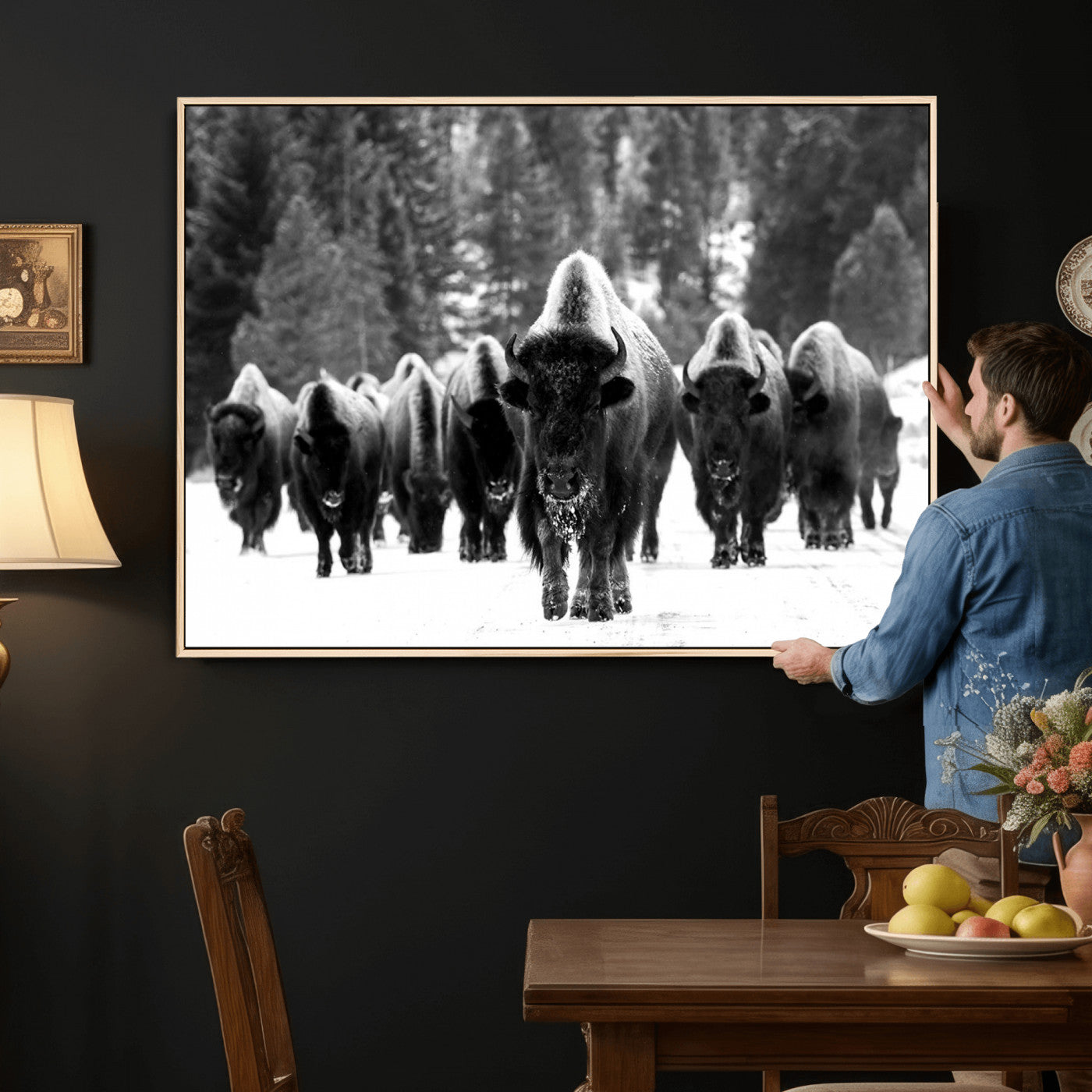 62434-MGV-CV-36X24 - Bison Herd in Snow Wall Art Canvas Print | Rustic Western Bison Wall Art for Decor for Living Room
