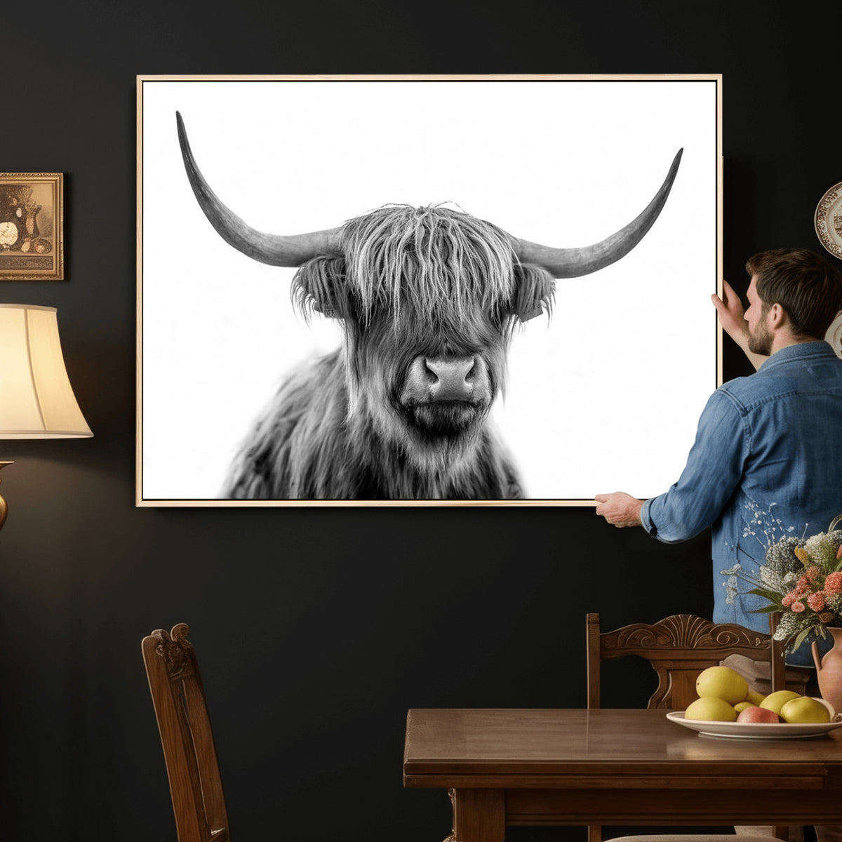 75503-_Poster-30x20 - Scottish Highland Cow Cattle Art Print Wall Art Canvas Print for Farmhouse Decor, Framed Scottish