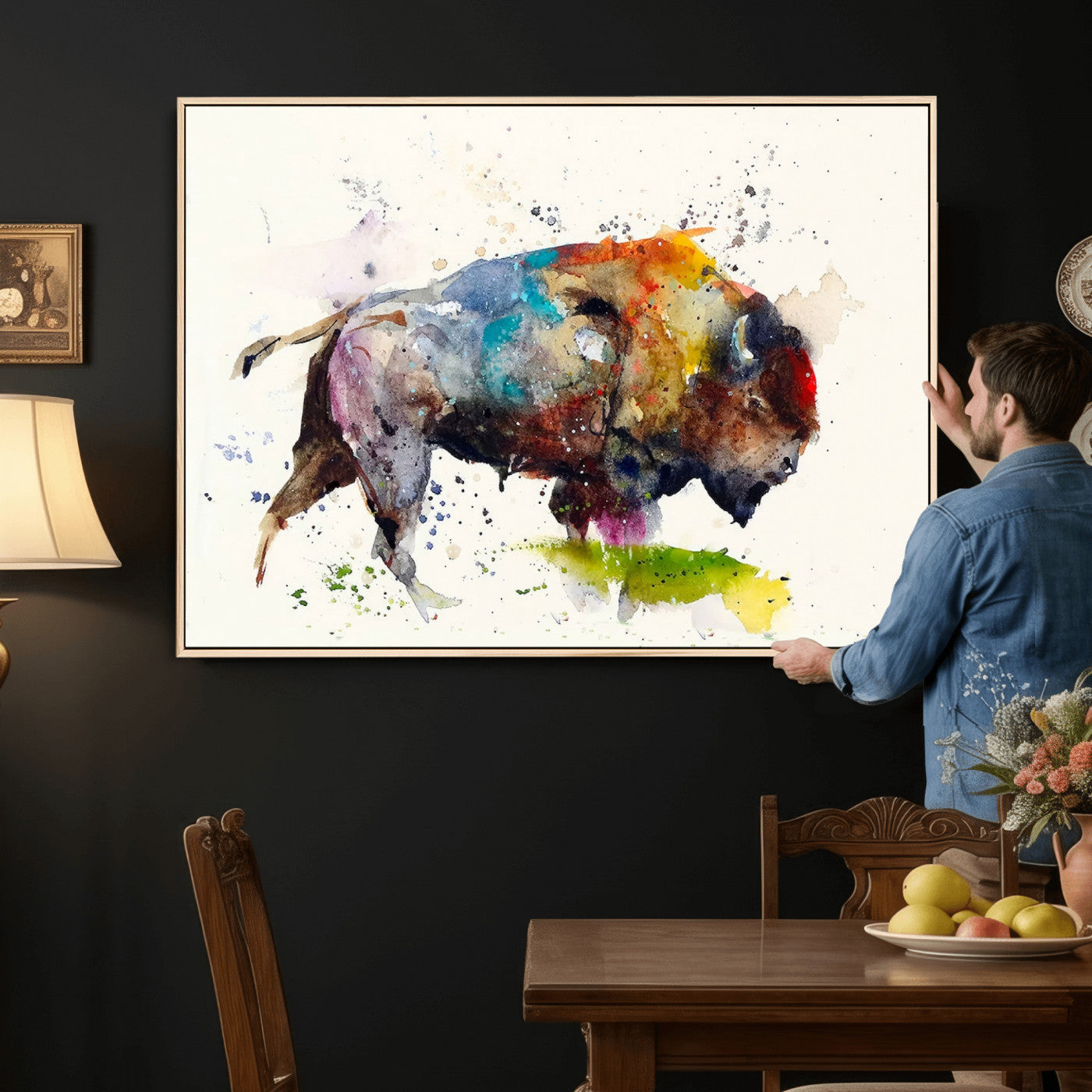 44504-MGV-CV-36X24 - Abstract Buffalo Wall Art, Western Watercolor Bison Canvas Print, Rustic Buffalo Art for Cowboy and