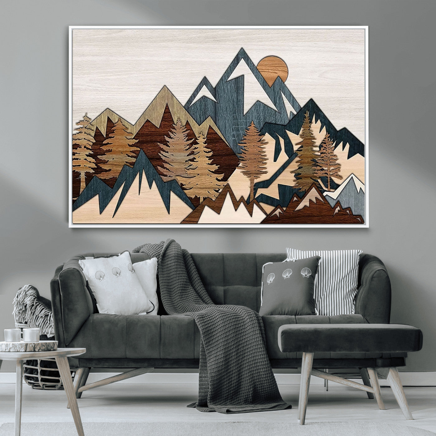 67950-MGV-CV-36X24-Rustic Abstract Wood Panel Effect Canvas Mountain Range Top Wood Wall Art Canvas Print