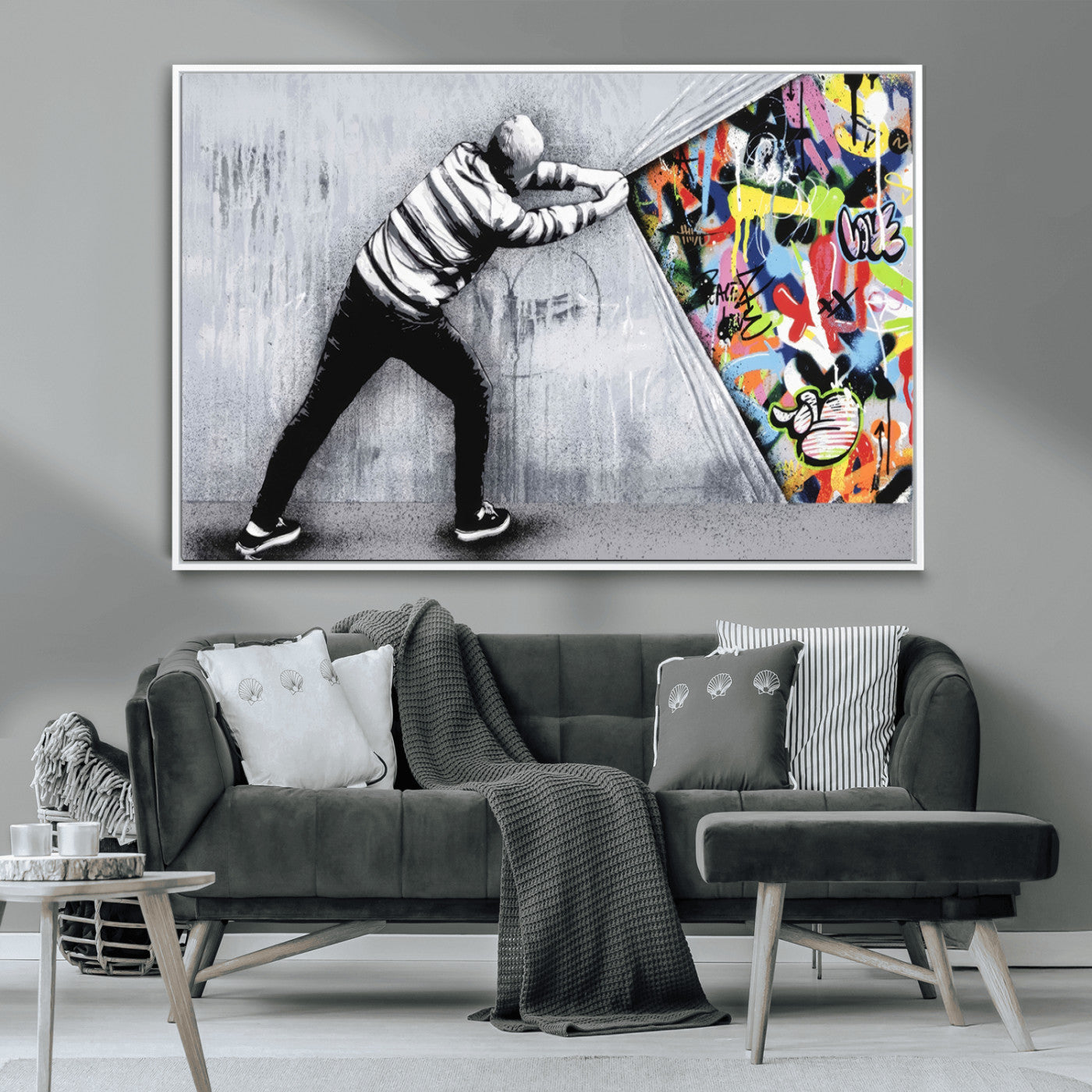 52252-MGV-CV-36X24-Banksy Art Behind the Curtain Street Wall Art Canvas Print | 3-Panel Urban Graffiti-Inspired Wall