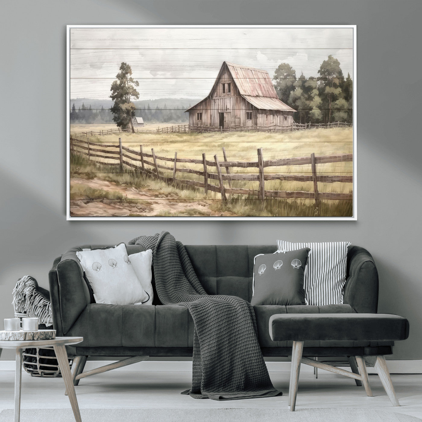 87489-MGV-CV-36X24-Rustic Farmhouse Barn Wall Art | 3-Panel Framed Gallery Wrap Giclee Canvas Print for Living Room,