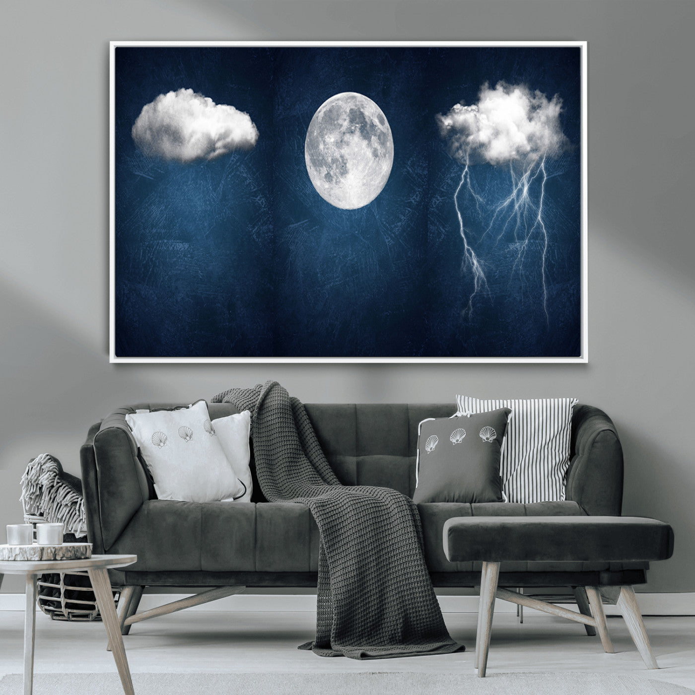 96569-MGV-CV-36X24-Dark Blue Cloud Art, 3 Piece Indigo Blue Wall Art, Aesthetic Surreal Art, Thunderstorm Moon Cloud