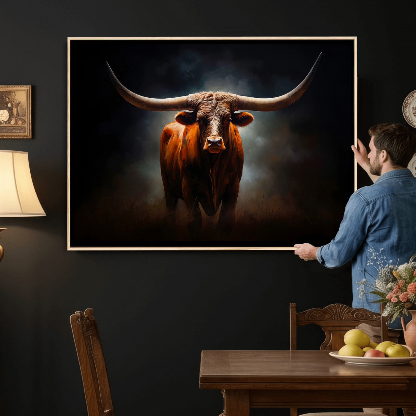 48896-MGV-CV-36X24 - Abstract Texas Longhorn Wall Art Print | 3-Panel Large Texas Longhorn Canvas Print for Living Room,