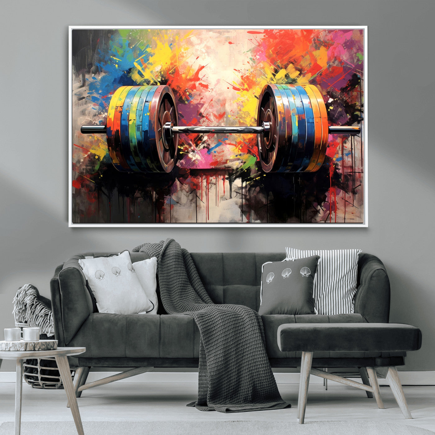 80436-MGV-CV-36X24-Weightlifting Barbell Art Triptych, Bold Abstract Fitness Wall Decor for Gym or Home, Giclee Canvas