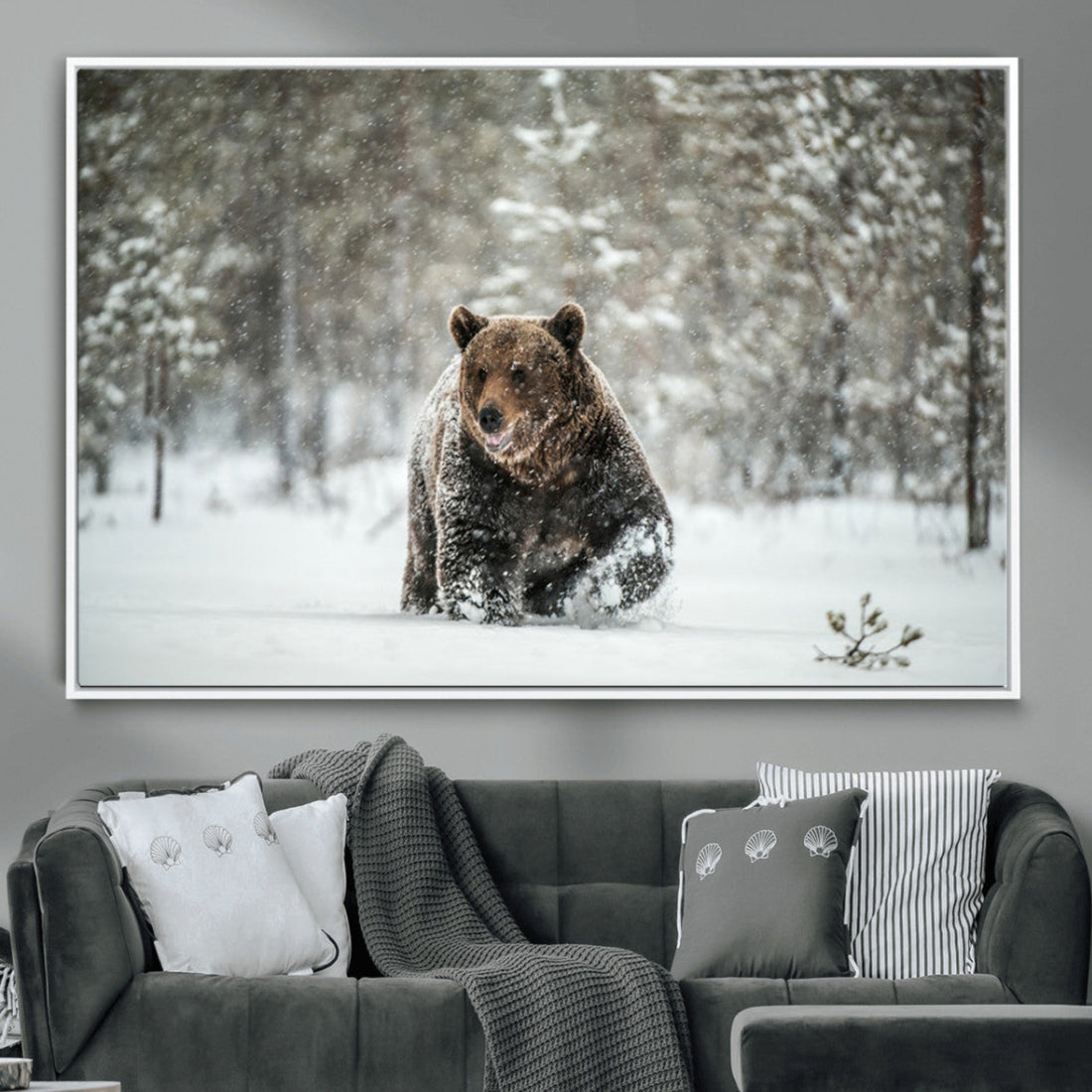 Grizzly Bear Wall Art | Framed Snowy Forest Canvas Artwork