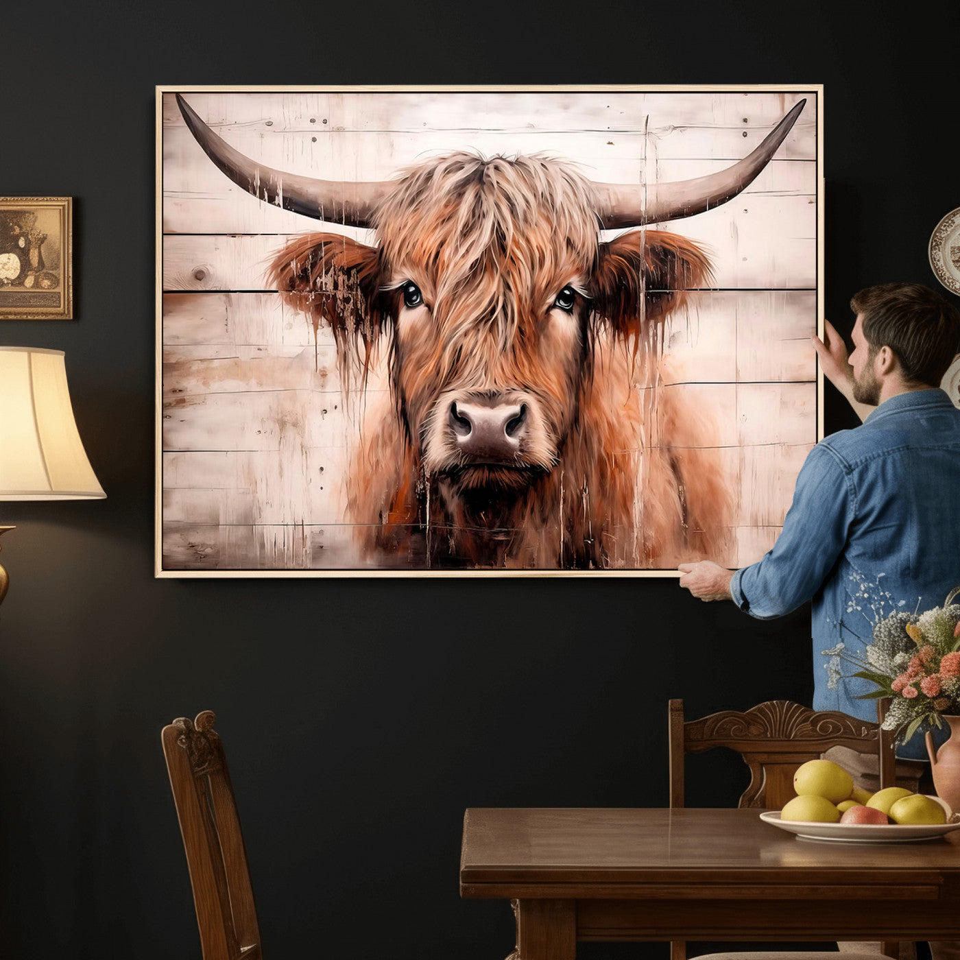 93730-MGV-CV-36X24 - Vintage Scottish Highland Cow Cattle Art Print Farmhouse Wall Art Canvas Print