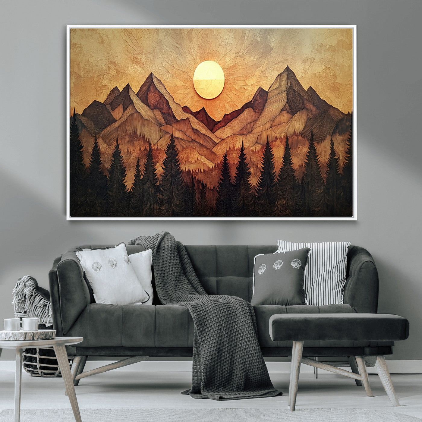 71340-MGV-CV-36X24-Wood Style Abstract Mountain Sunset Canvas Wall Art Print - Warm Earth Nature-Inspired Decor for