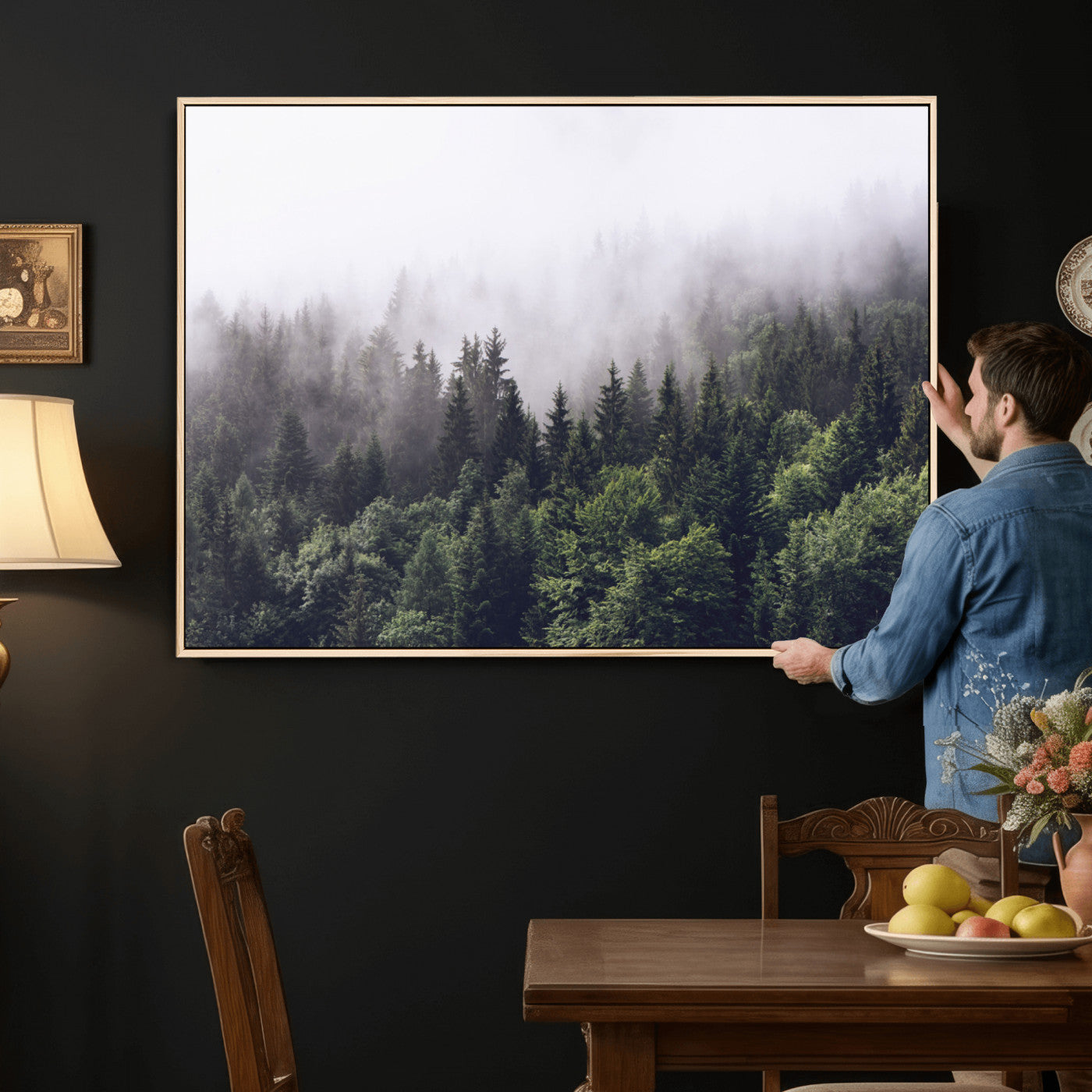 42578900-MGV-CV-36X24 - Misty Forest Canvas Wall Art – Serene Triptych Nature Print – Woodland Landscape Decor for Living