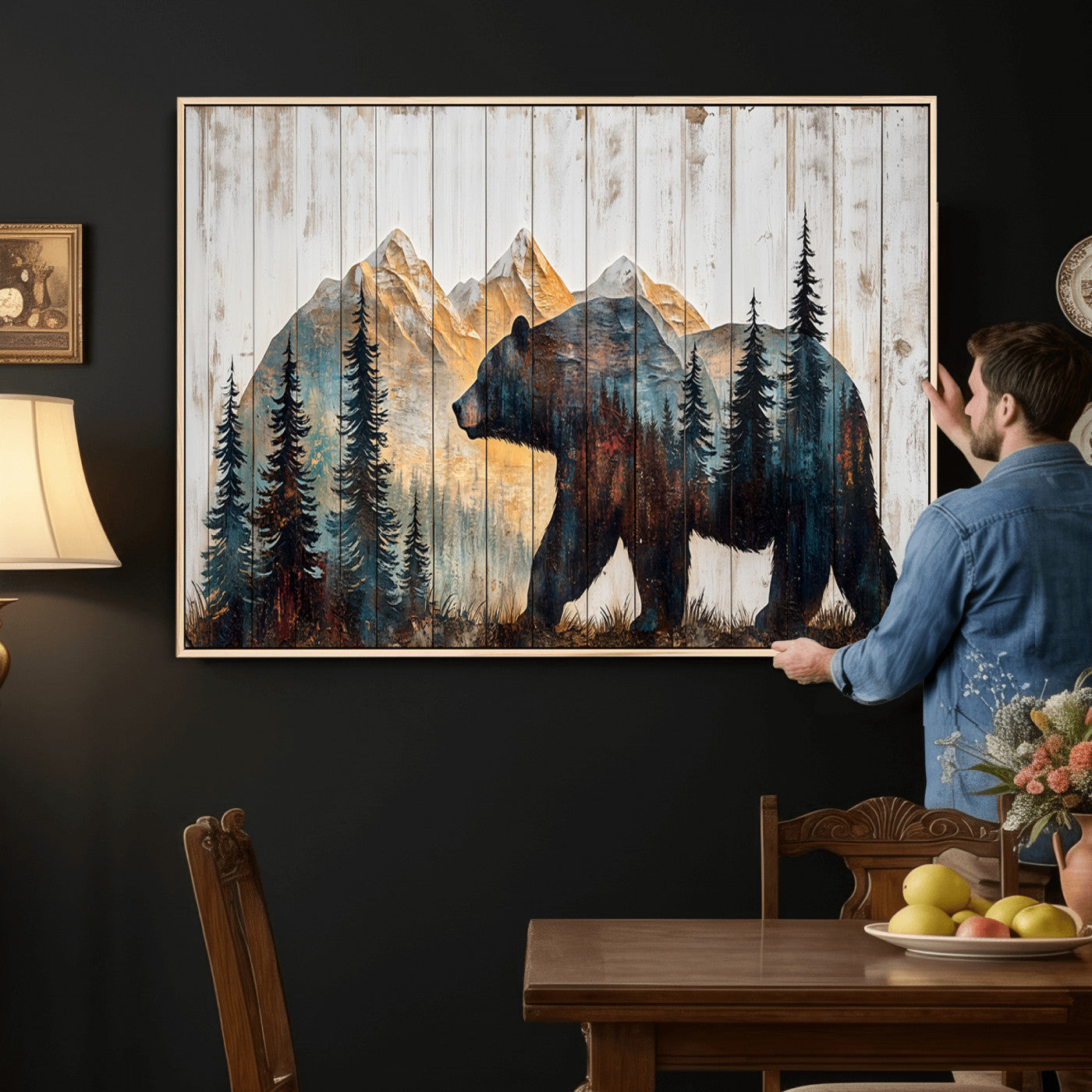 90077-MGV-CV-36X24 - Rustic Bear Wall Art - Grizzly 399 Bear Wall Art - Mountain Wood Canvas Wall Art - Nature Theme