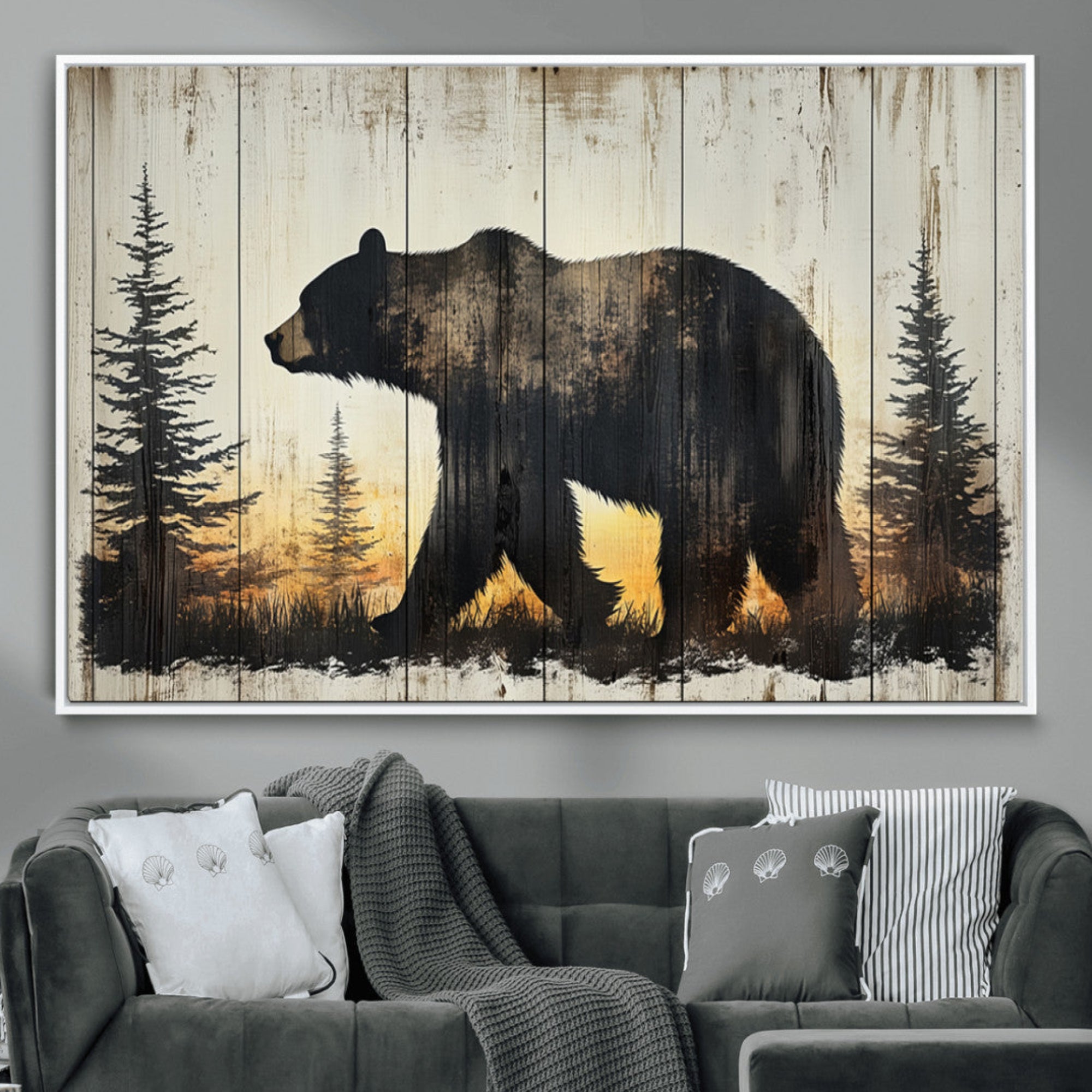 83875-MGV-CV-36X24-Vintage Bear Wall Art Canvas Print for Farmhouse - Mountain Wood Canvas Wall Art - Forest Silhouette