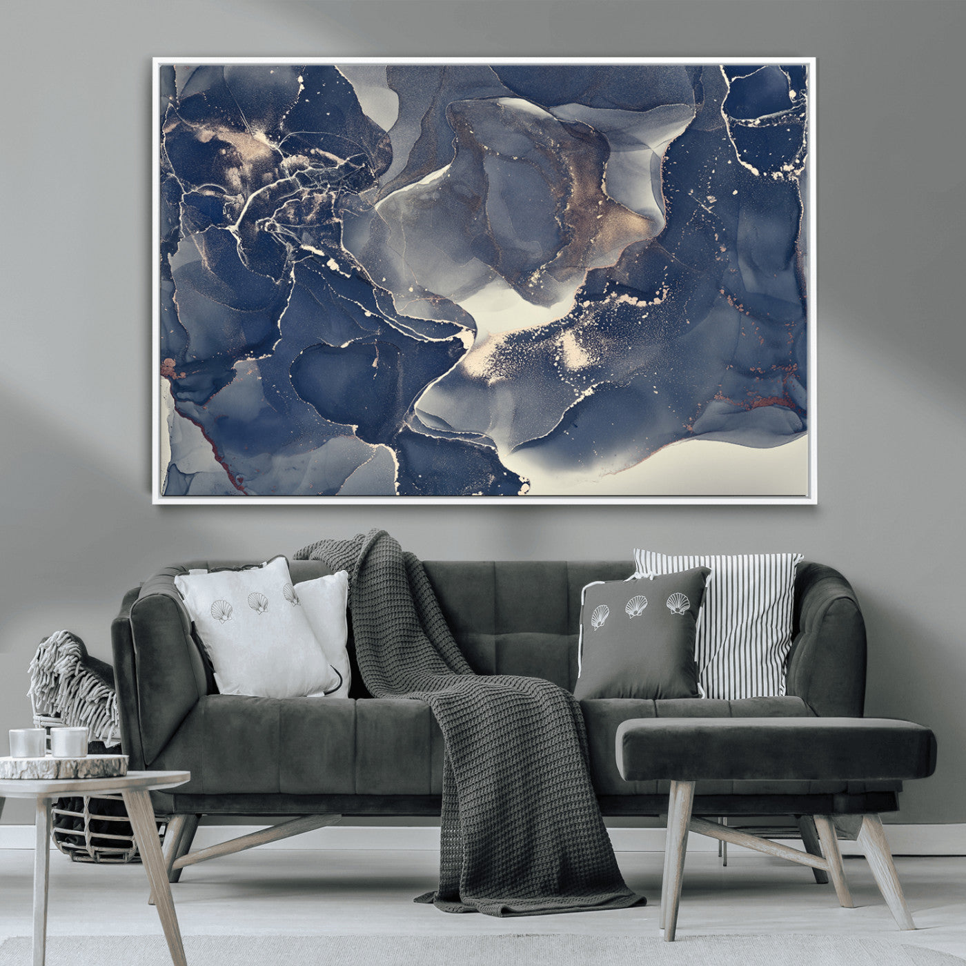 28282-MGV-CV-36X24-Large Abstract Blue and Gold Canvas Wall Art | Fluid Ink Artwork Print | Luxury Wall Decor for