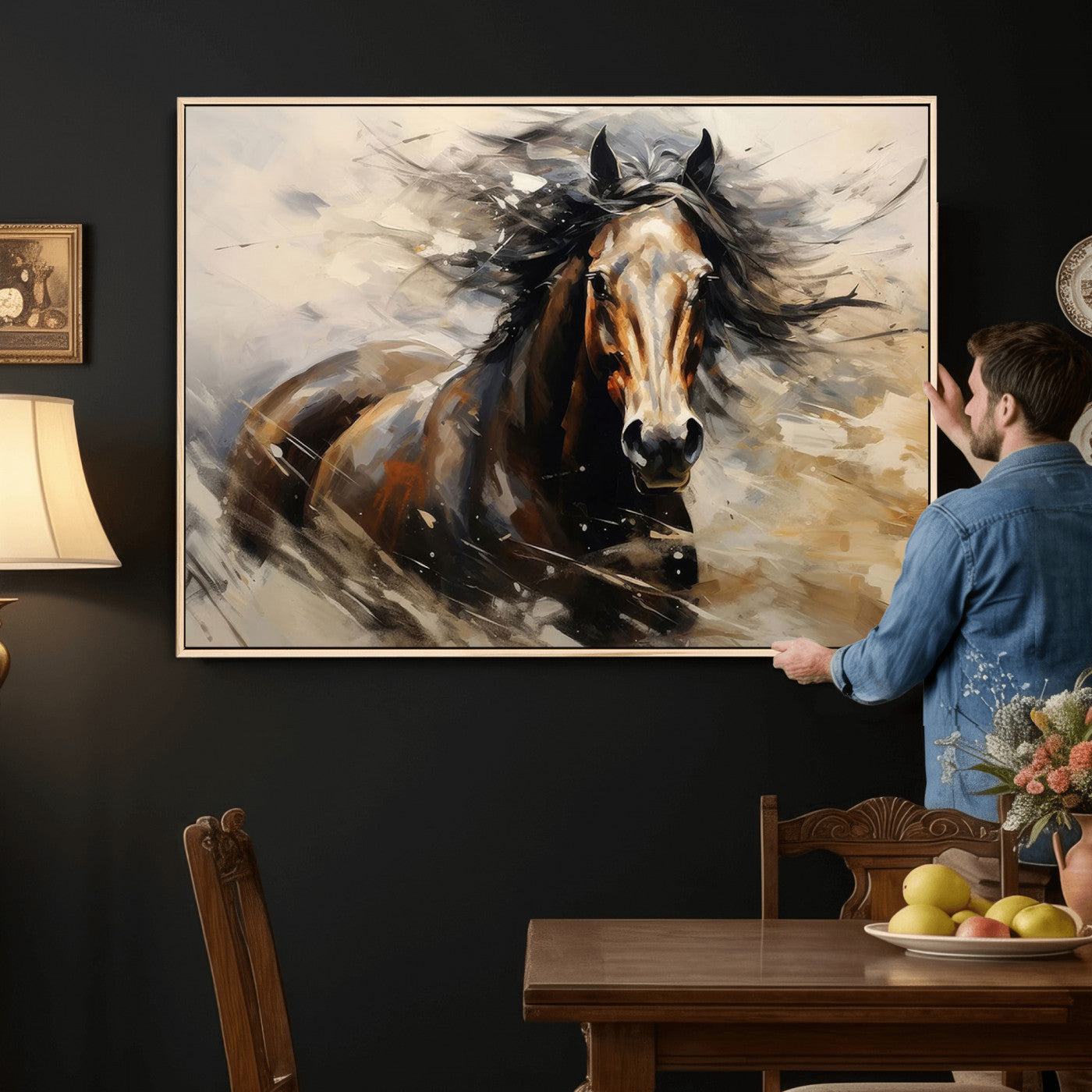 53001-MGV-CV-36X24 - Abstract Wall Art Horse Print - Large Western Horse Canvas - Farmhouse Woodland Wall Art - Framed
