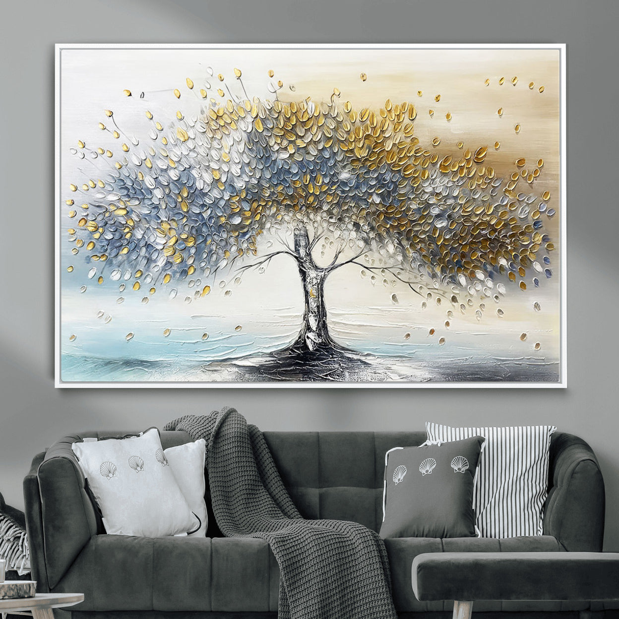 MGV-FC-36X24 - Golden & Silver Tree of Life Wall Art – Canvas Print with Whimsical Leaves Elegant Nature Design, Decorative Home, Office or Guest Room Decor