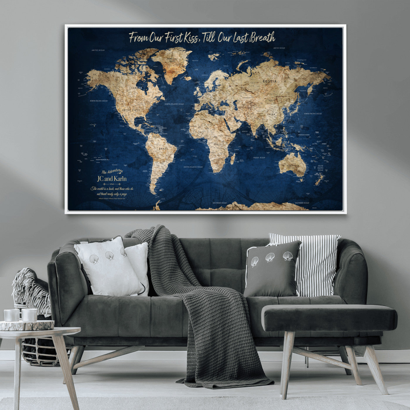 -Personalized Push Pin World Map Canvas Print – Custom Couple Travel Tracker Wall Art, Framed Anniversary Gift for Home Decor