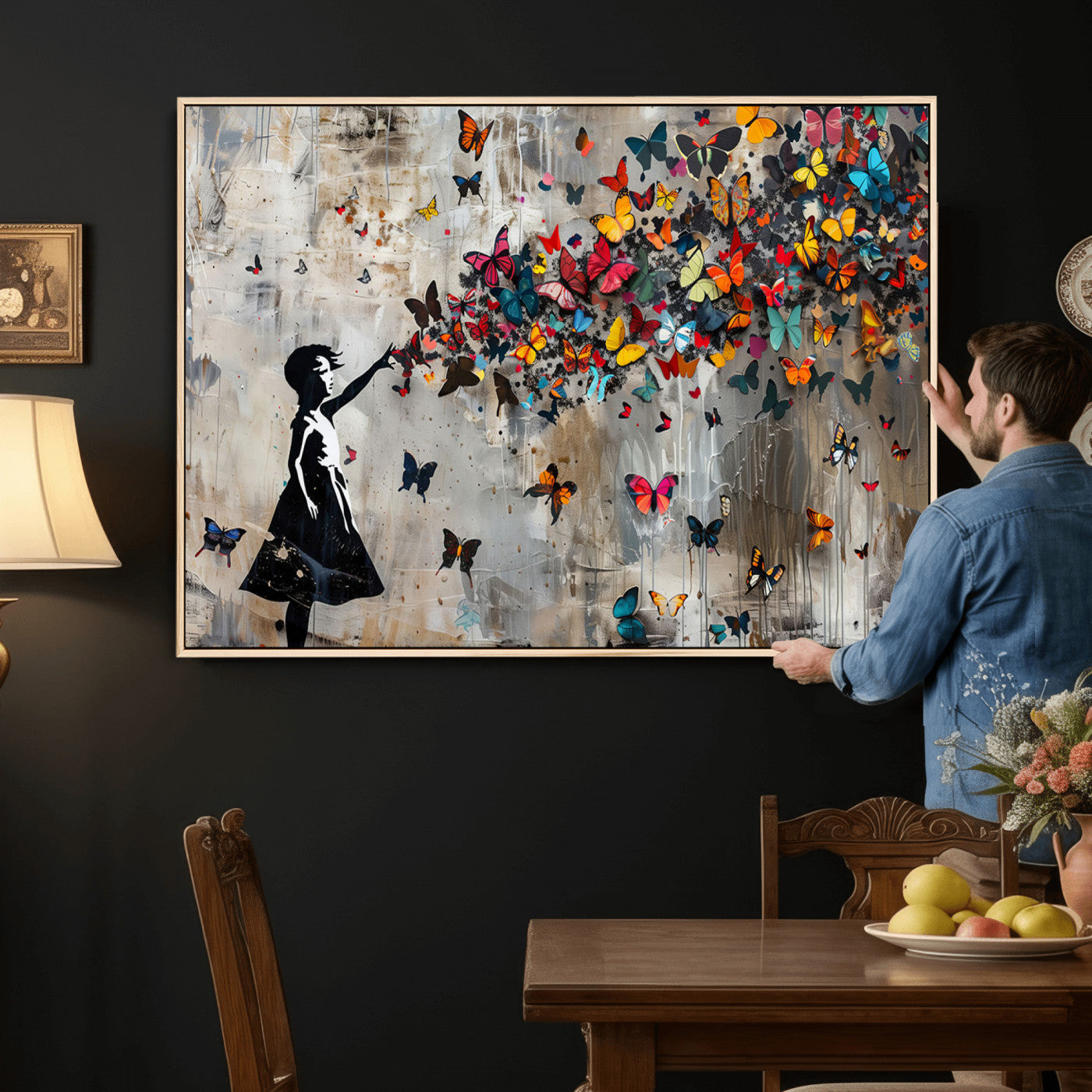 51446-MGV-CV-36X24 - Banksy Butterfly Girl Wall Art | 3-Piece Butterfly Girl Canvas