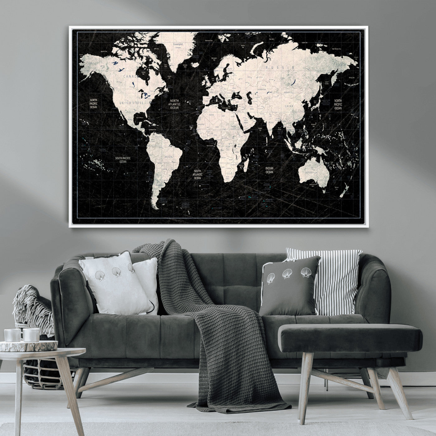 N50Black-MGV-CV-36X24-Push Pin World Map Canvas Print – Framed Travel Tracker Wall Art for Couples, Anniversary Gift and Elegant Home Decor