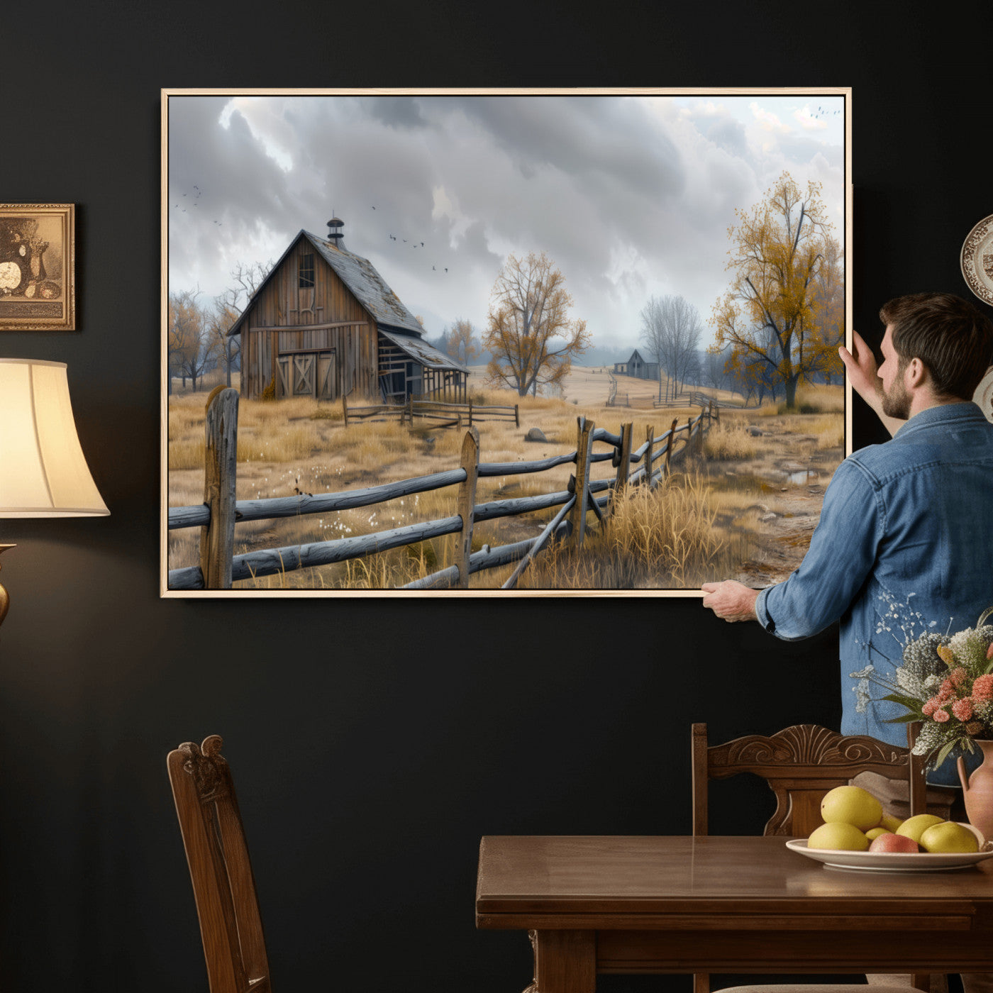 Farm1-MGV-CV-36X24 - Rustic Autumn Farmhouse Wall Art Canvas Print – Serene Countryside Scene with Weathered Barn and