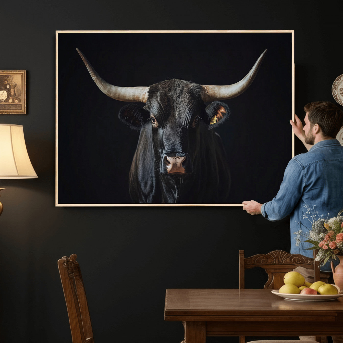 48065167-MGV-CV-36X24 - Texas Longhorn Bull Wall Art Canvas Print – Western Black Bull Art Print for Farmhouse Ranch Decor