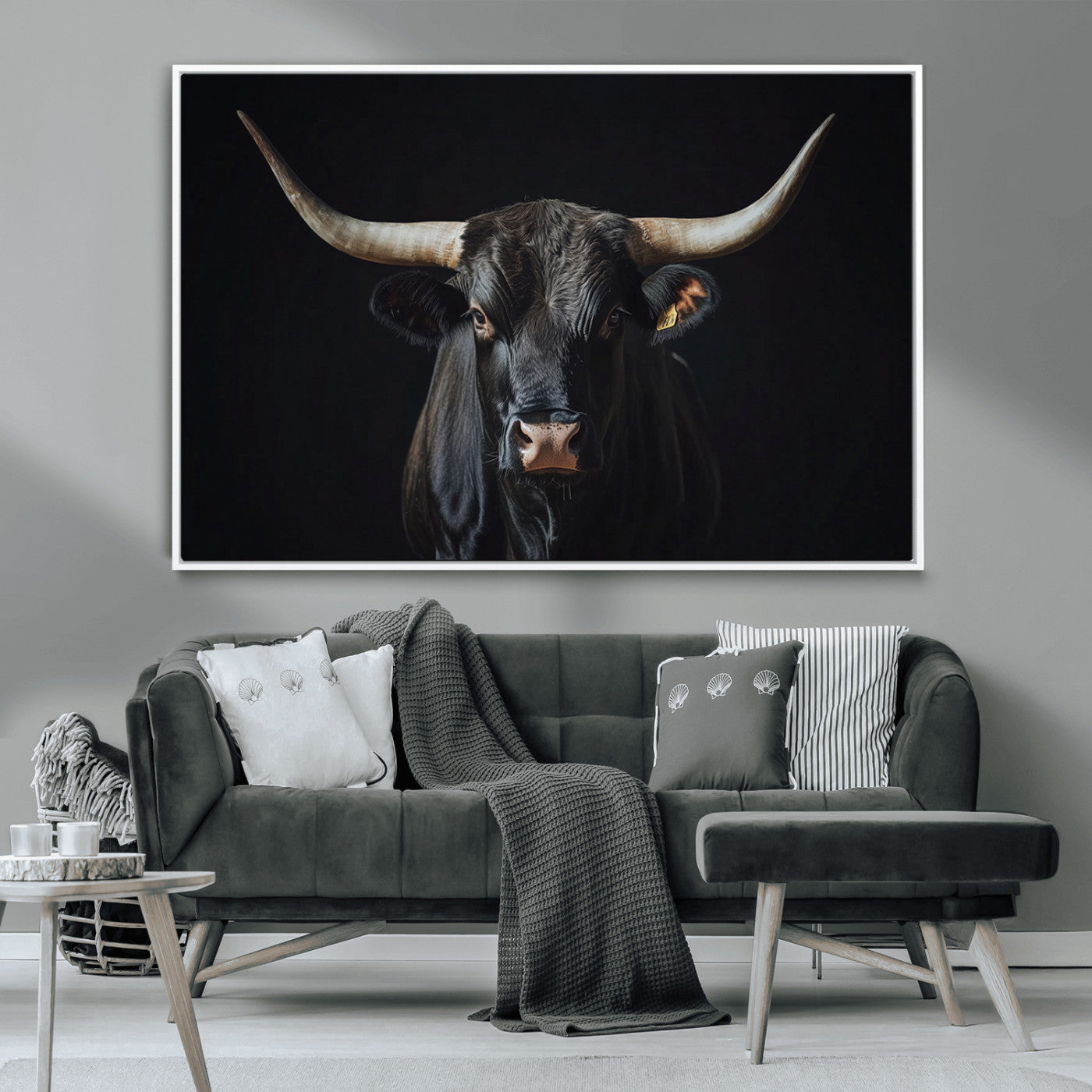 48065167-MGV-CV-36X24-Majestic Longhorn Bull Wall Art Canvas Print – Dark Background Western Ranch Portrait Artwork for Home, Office