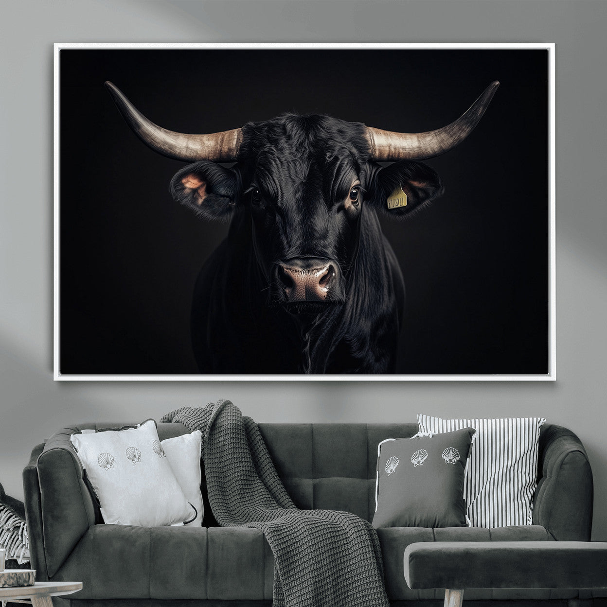 MGV-FC-36X24 - Black Bull Wall Art – Framed Horned Bull Canvas Artwork, Western Cattle Design, Rustic Ranch Style Decor for Home, Office