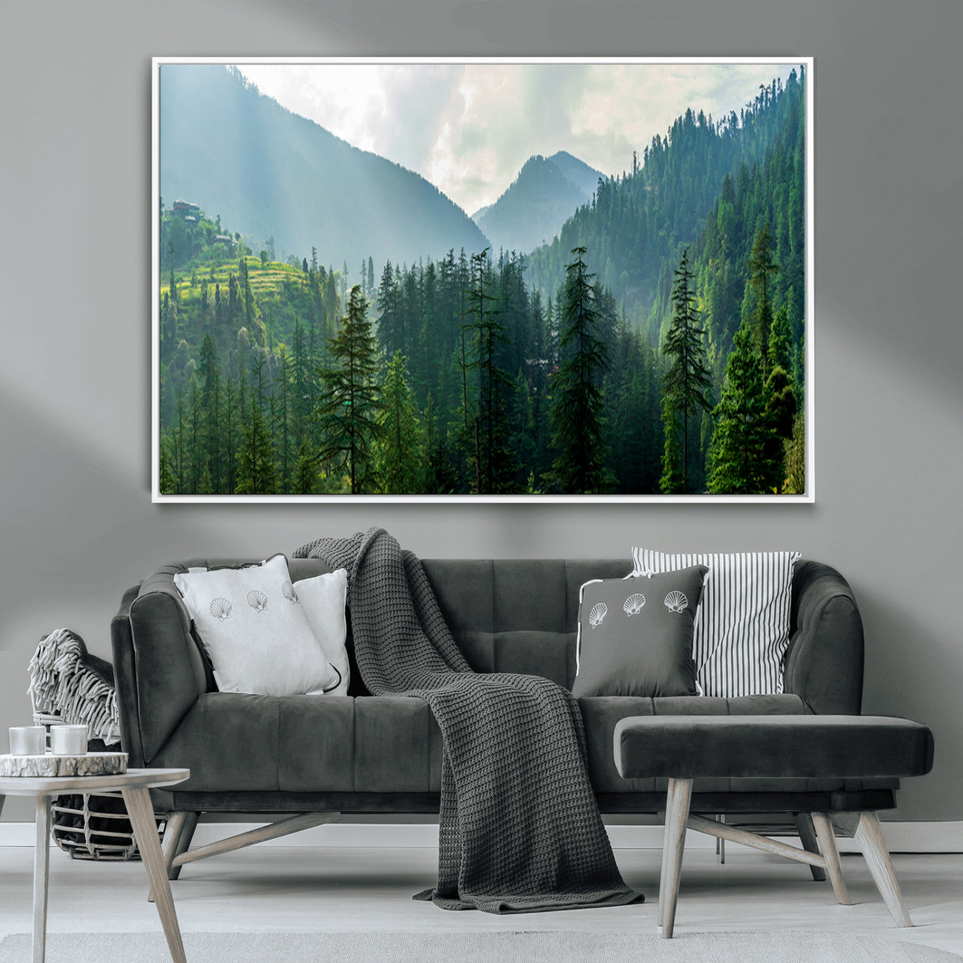 83417191-MGV-CV-36X24-Misty Forest Mountain Wall Art Canvas Print – Framed Serene Nature Scene with Tranquil Valley Artwork for Home, Office
