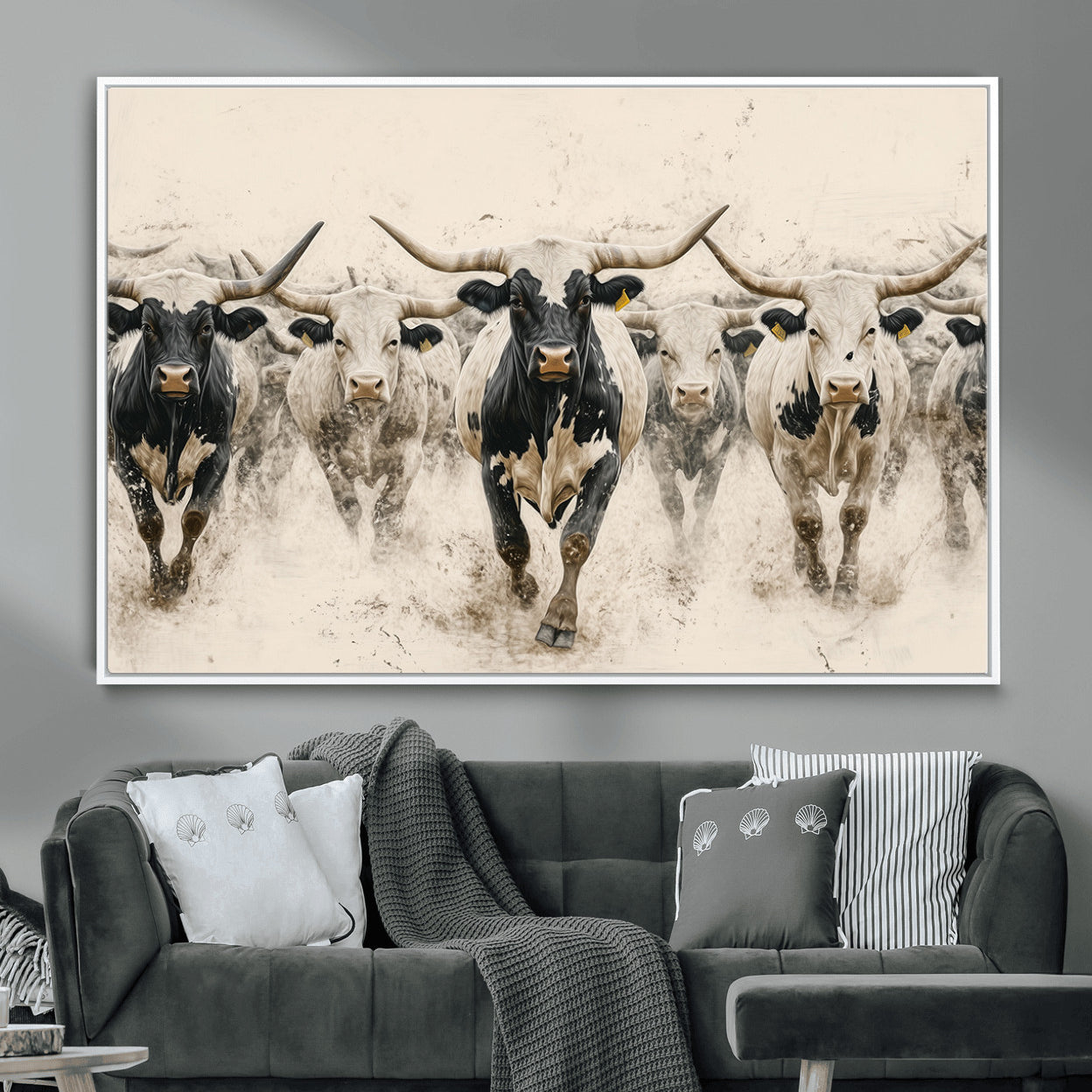 MGV-FC-36X24 - Cream Dust Longhorn Wall Art – Canvas Print of Western Herd Stampede, Dynamic Charge, Rustic Prairie Motion, Bold Nature Farm Decor