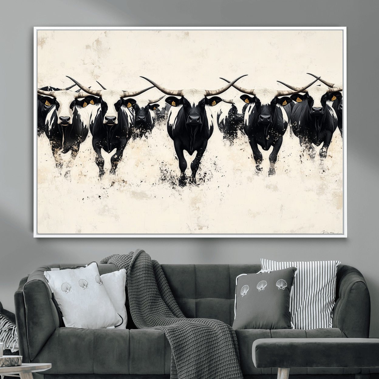 MGV-FC-36X24 - Longhorn Cattle Wall Art – Canvas Print of Herd in Motion, Symmetry and Ink Splatter, Minimalist Western Ranch, Bold Rustic Farm Decor