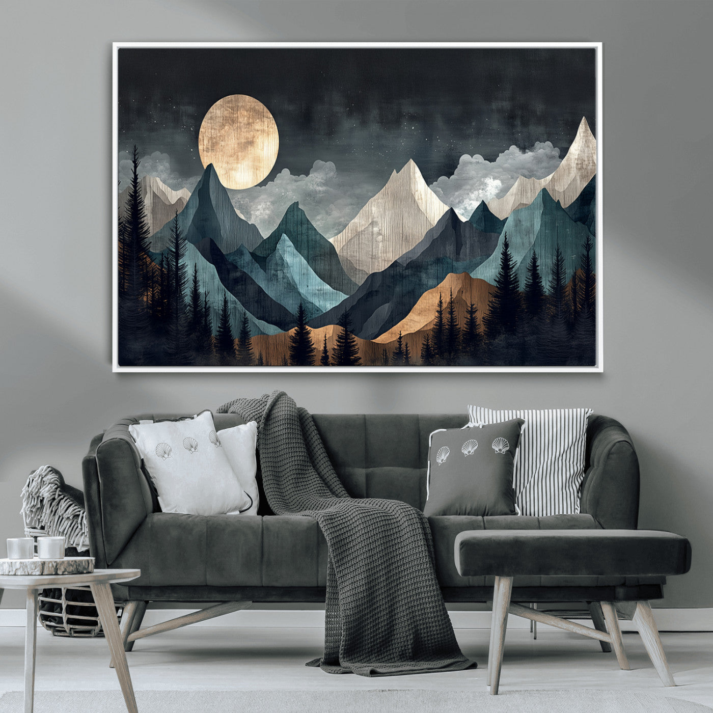 11060882-MGV-CV-36X24-Moonlit Mountain Wall Art Canvas Print – Silhouetted Pines Layered Peaks Tranquil Sky Mist Silver Light Nature Artwork for Home