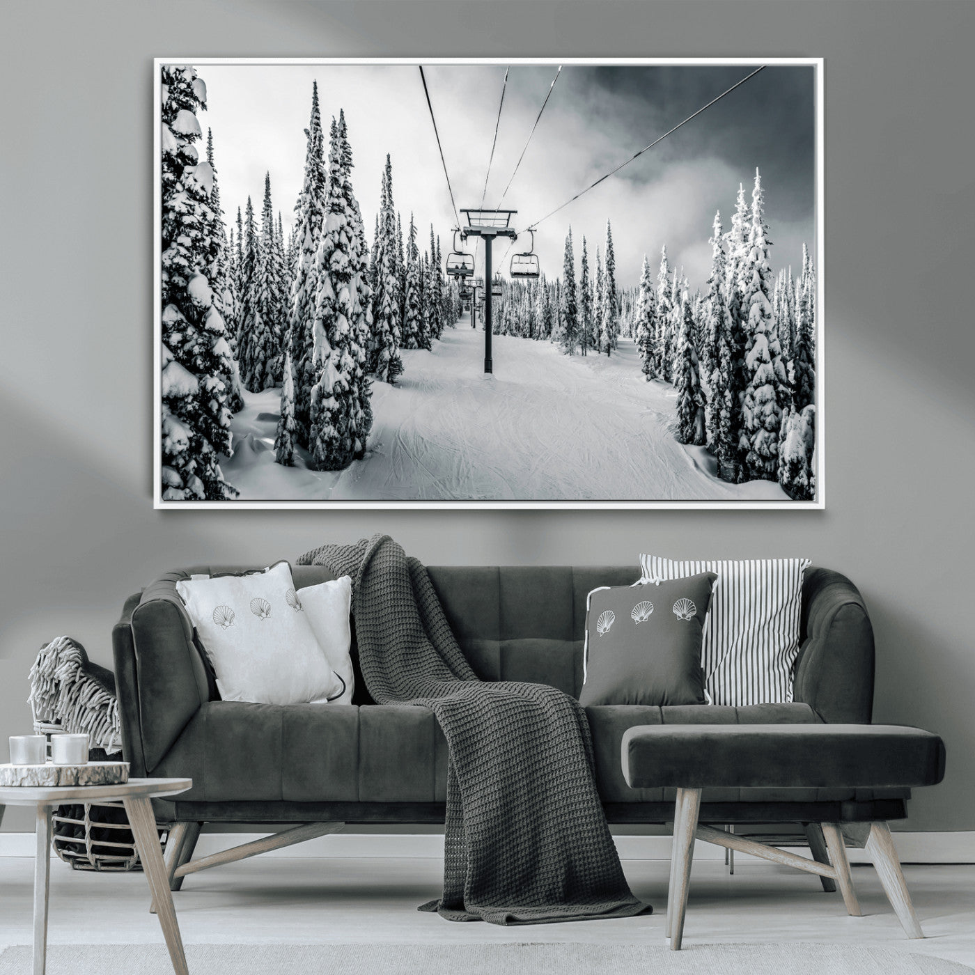 31156828-MGV-CV-36X24-Snowy Pines Wall Art Canvas Print – Framed Ski Lift Winter Forest Snowy Landscape Moody Lodge Artwork for Home, Office
