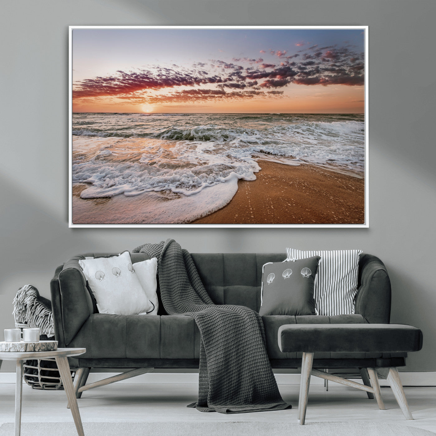 39846389-MGV-CV-36X24-Ocean Sunset Wall Art Canvas Print – Framed Sandy Shore Gentle Waves Coastal Landscape Minimalist Artwork for Home, Office