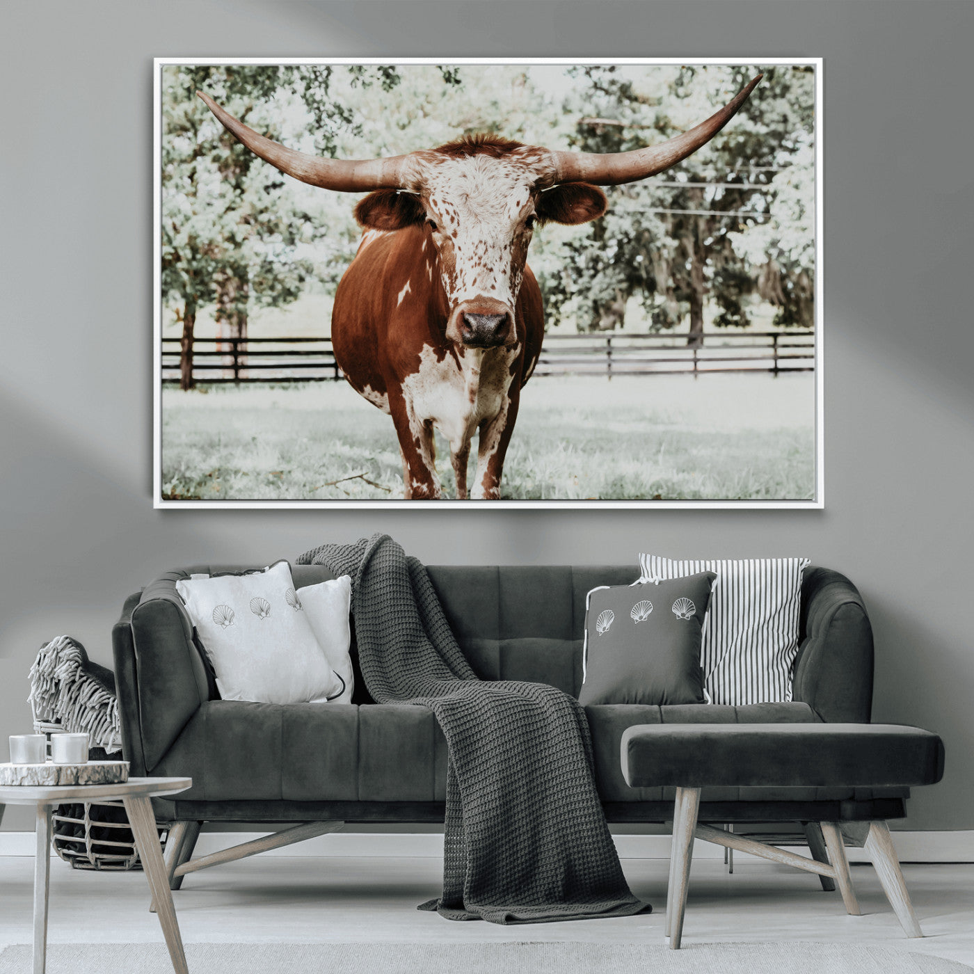 -Texas Longhorn Wall Art Canvas Print, Framed Spotted Cow Art Picture Print, Horned Cattle Perfect Rustic Western Decor Artwork