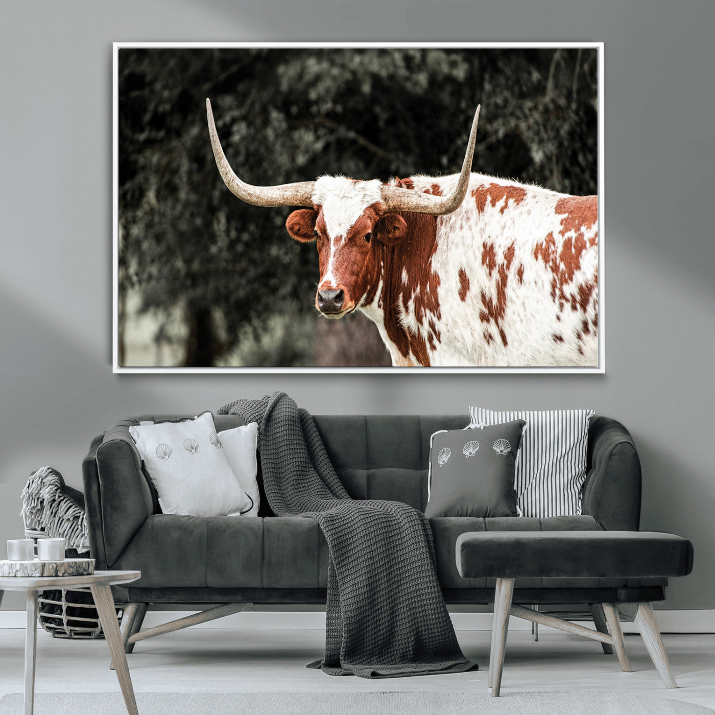 -Texas Longhorn Wall Art Canvas Print, Framed Spotted Cow Art Picture Print, Horned Bull Perfect Rustic Western Decor Artwork