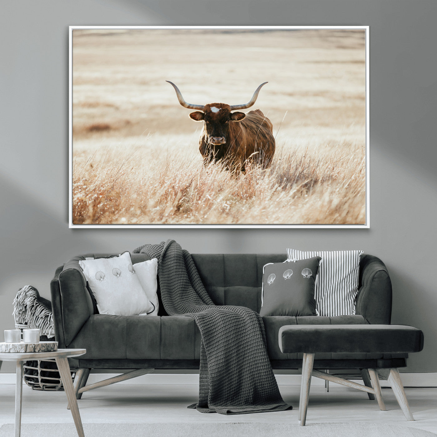 -Texas Longhorn Wall Art Canvas Print, Framed Brown Cattle Art Picture Print, Horned Bull Perfect Rustic Western Decor Artwork