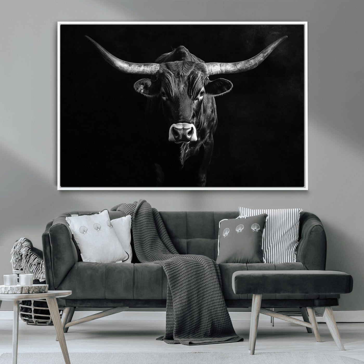 -Texas Longhorn Wall Art Canvas Print, Framed Monochrome Bull Art Picture Print, Horned Bull Perfect Rustic Western Decor Artwork