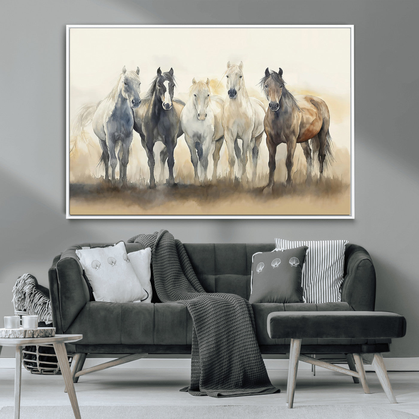 MGV-FC-36X24 - Wild Horses Wall Art Canvas Print, Framed Running Horses Art Picture Print, Watercolor Horses Perfect Rustic Western Decor Artwork