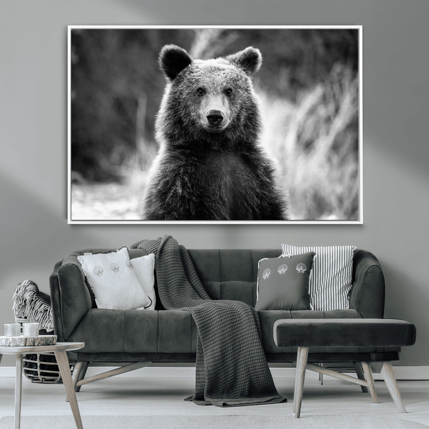 55656803-MGV-CV-36X24-Grizzly Bear Wall Art Canvas Print – Framed Black White Wildlife Rustic Nature Artwork for Home, Office Decor