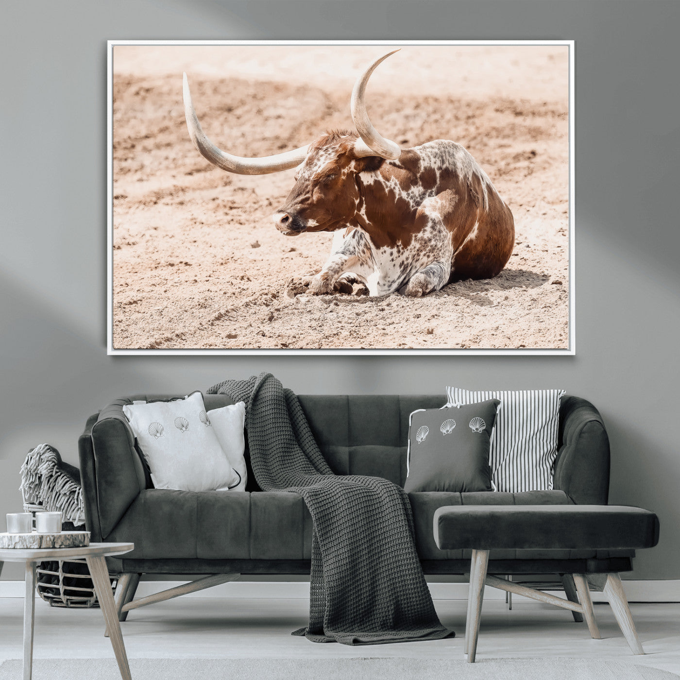 91248682-MGV-CV-36X24-Texas Longhorn Wall Art Canvas Print – Framed Resting Bull Scene with Spotted Cattle Artwork for Home, Office