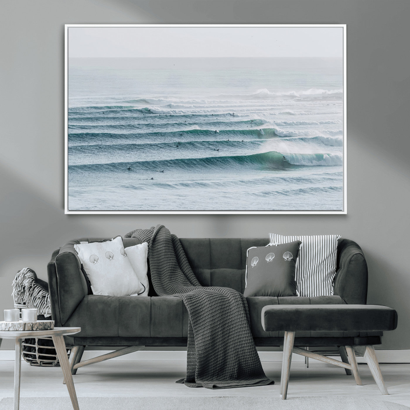 -Ocean Waves Wall Art Canvas Print – Framed Surfer Lineup Scene with Crowded Ocean Artwork for Home, Office