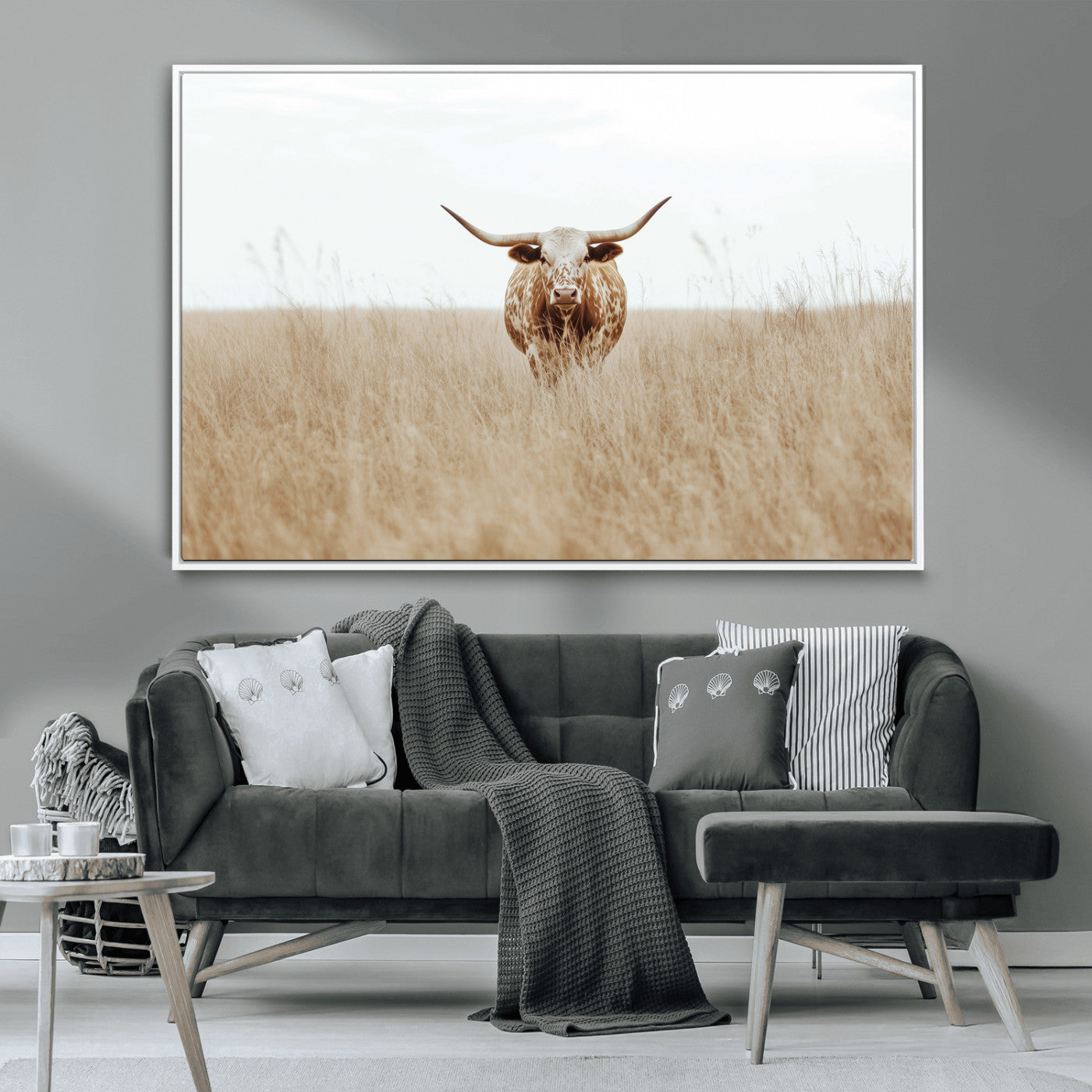 MGV-FC-36X24 - Texas Longhorn Wall Art Canvas Print, Framed Lone Cattle Art Picture Print, Longhorn Bull Perfect Rustic Western Decor Artwork