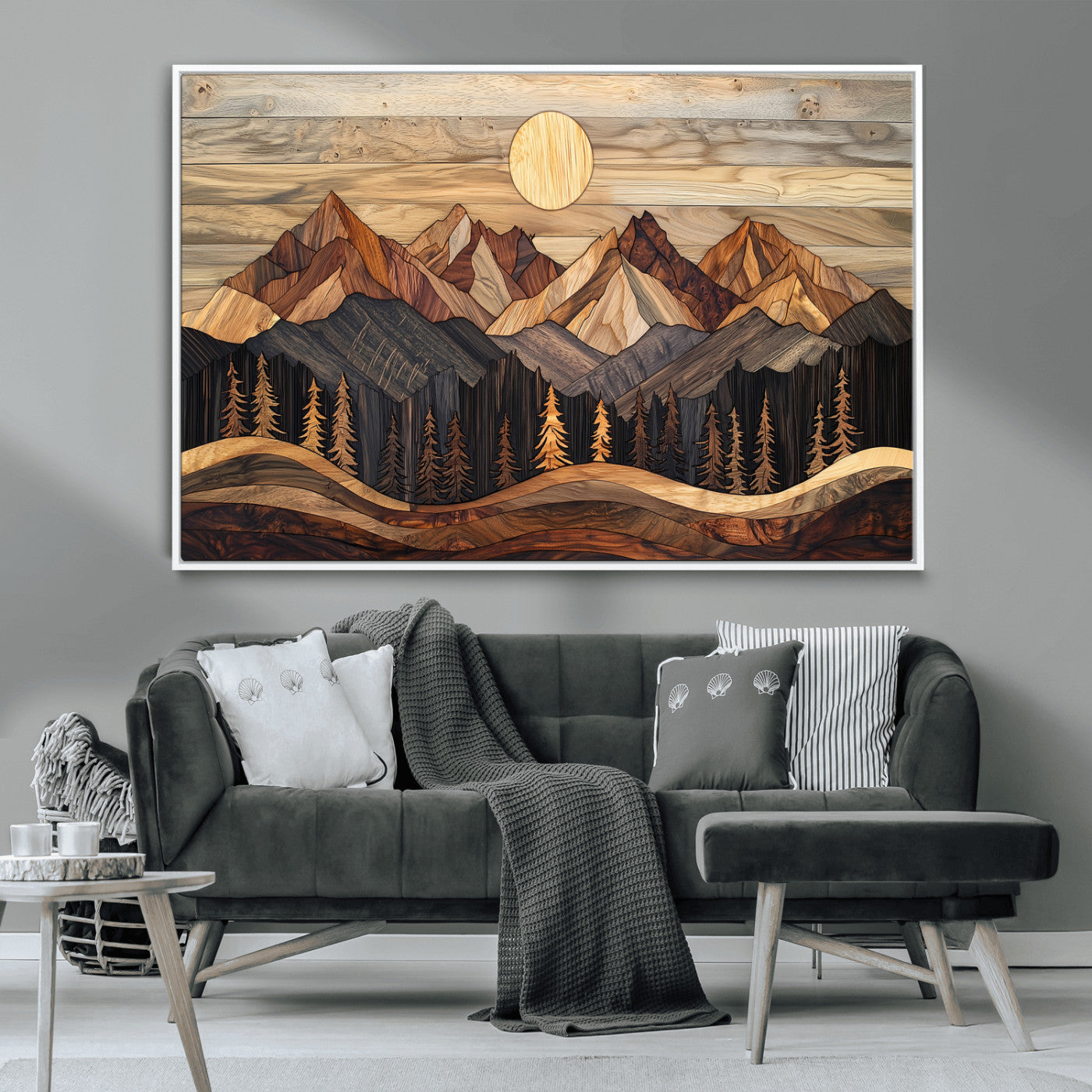 50100230-MGV-CV-36X24-Wood Mountain Wall Art Canvas Print – Framed Boho Abstract Woodland Rustic Farmhouse Geometric Artwork for Home Office
