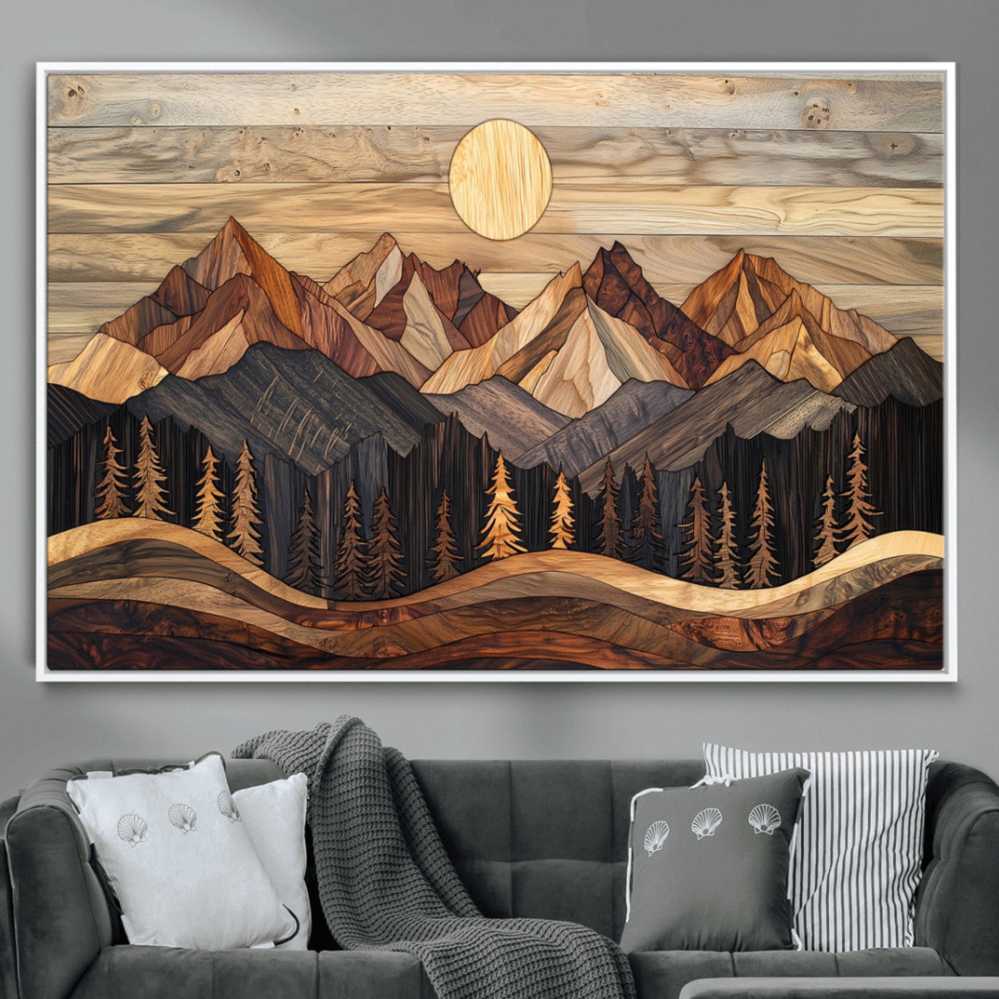 50100230-MGV-CV-36X24-Wood Mountain Wall Art Canvas Print – Framed Boho Abstract Woodland Rustic Farmhouse Geometric Artwork for Home Office