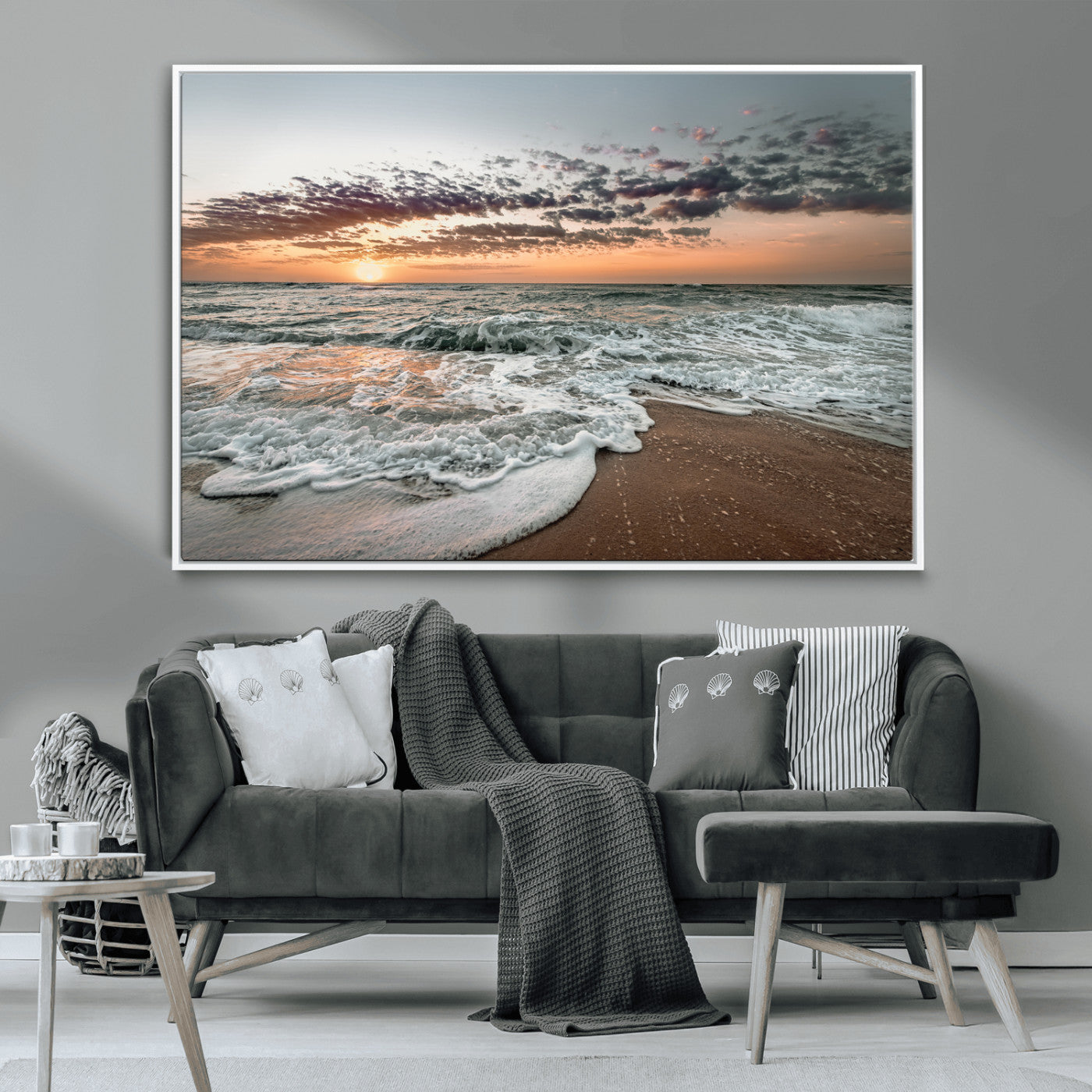 40632752-MGV-CV-36X24-Ocean Sunset Wall Art Canvas Print – Framed Beach Waves Scene with Coastal Artwork for Home, Office, Living Room