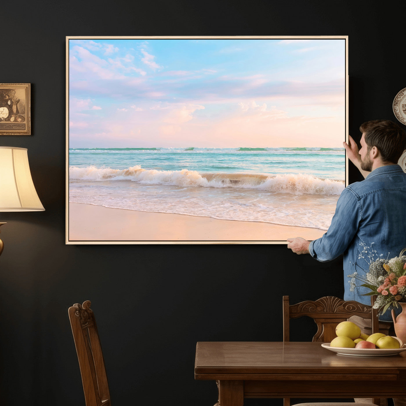 74679437-MGV-CV-36X24 - Serene Waves Wall Art – Golden Shore & Soft Pastel Sky Canvas Print, Gentle Ocean and Peaceful Sunset for Living Room or Office
