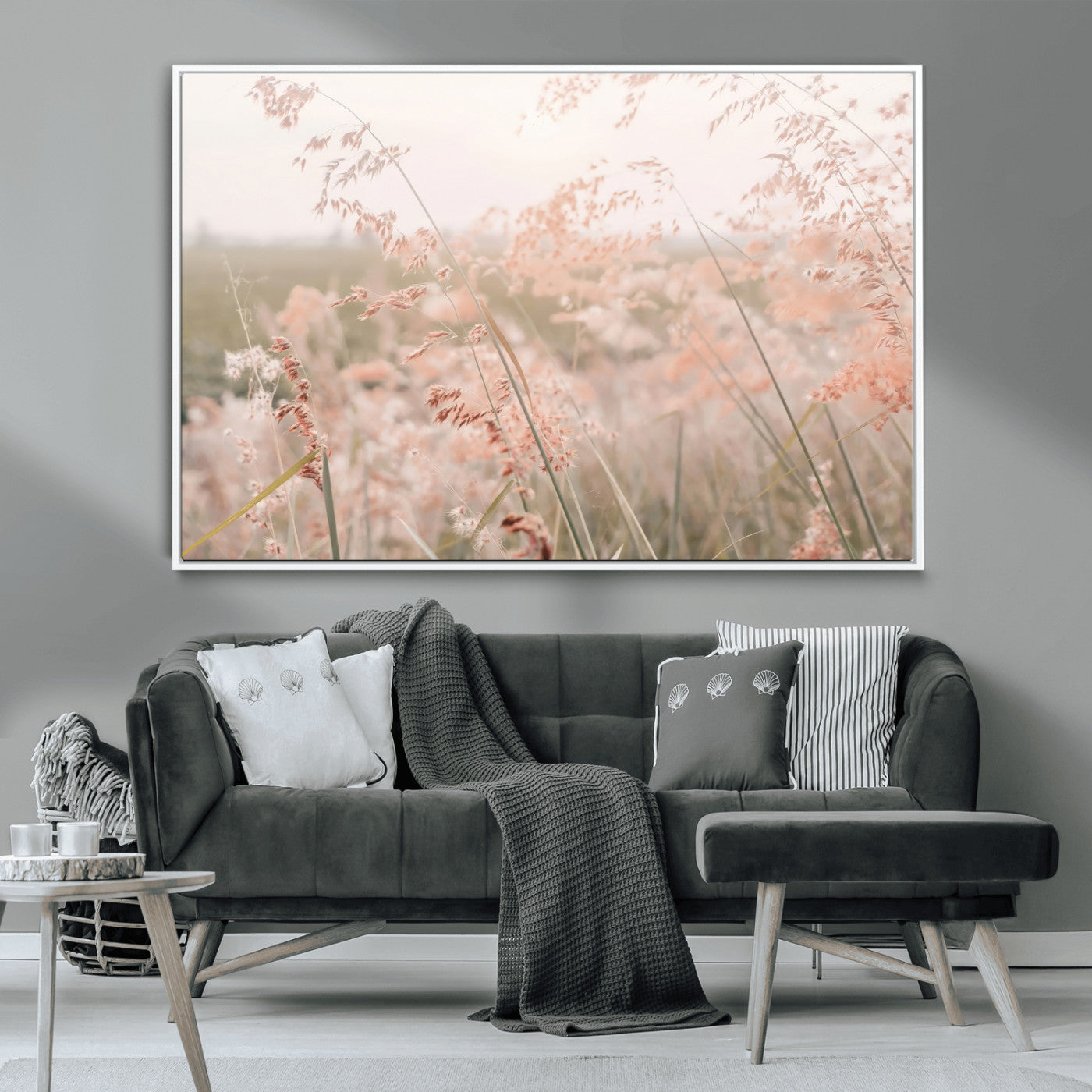 -Pastel Grasses Wall Art Canvas Print, Framed Soft Meadow Art Picture Print, Field in Breeze Perfect Soft Pastel Minimal Decor Artwork