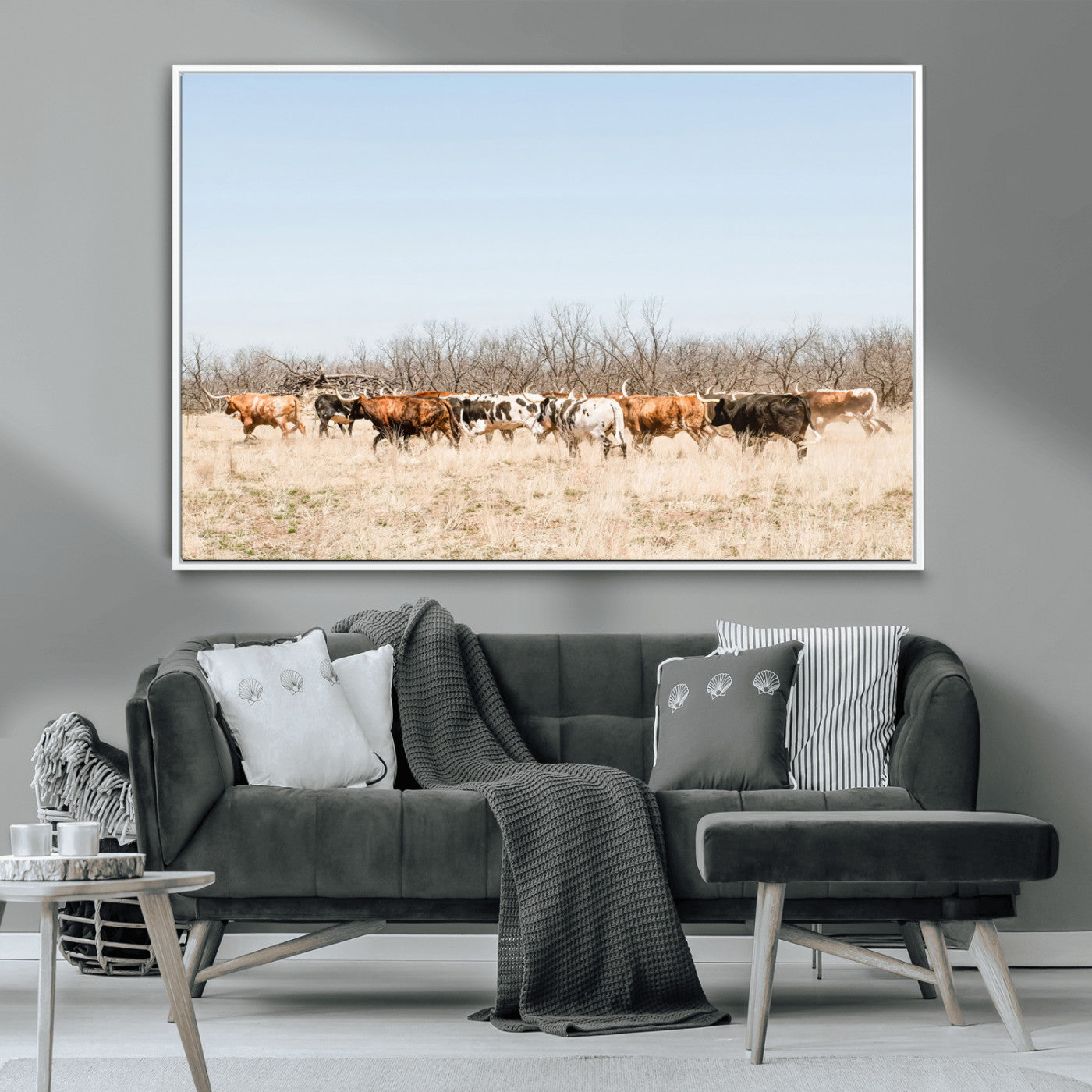 -Texas Longhorns Wall Art Canvas Print, Framed Western Cattles Art Picture Print, Rustic Herd Perfect Rustic Farmhouse Decor Artwork