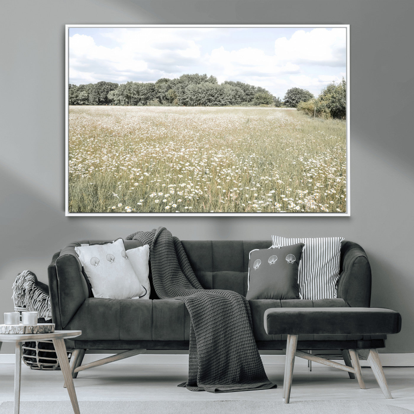 43258946-MGV-FC-36X24_White-Charming Daisy Field Wall Art Canvas Print – Framed Pastel Flower Meadow Bloom Scandinavian Minimal Artwork for Home Office