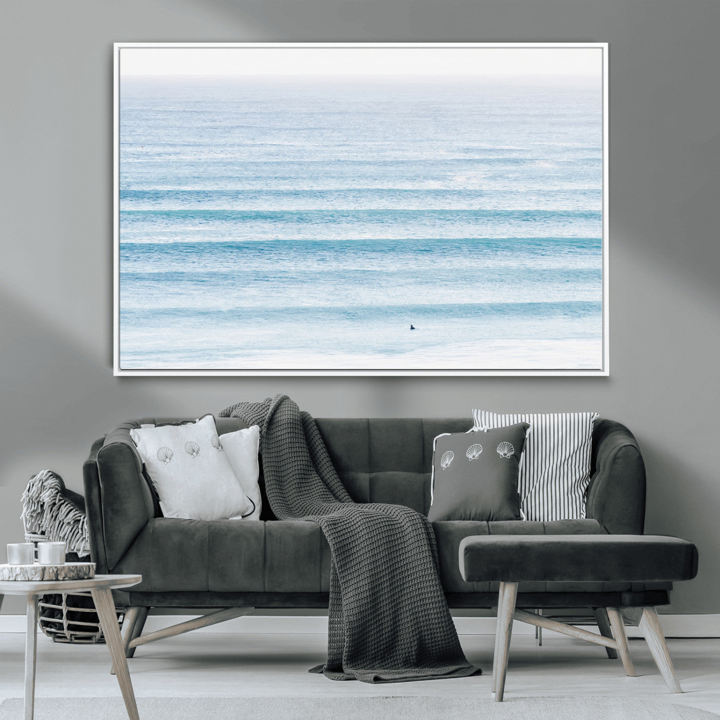 77145995-MGV-CV-36X24-Ocean Wave Surfer Wall Art – Framed Minimal Seascape Canvas Artwork, Calm Blue Water Design, Coastal Decor for Home, Office