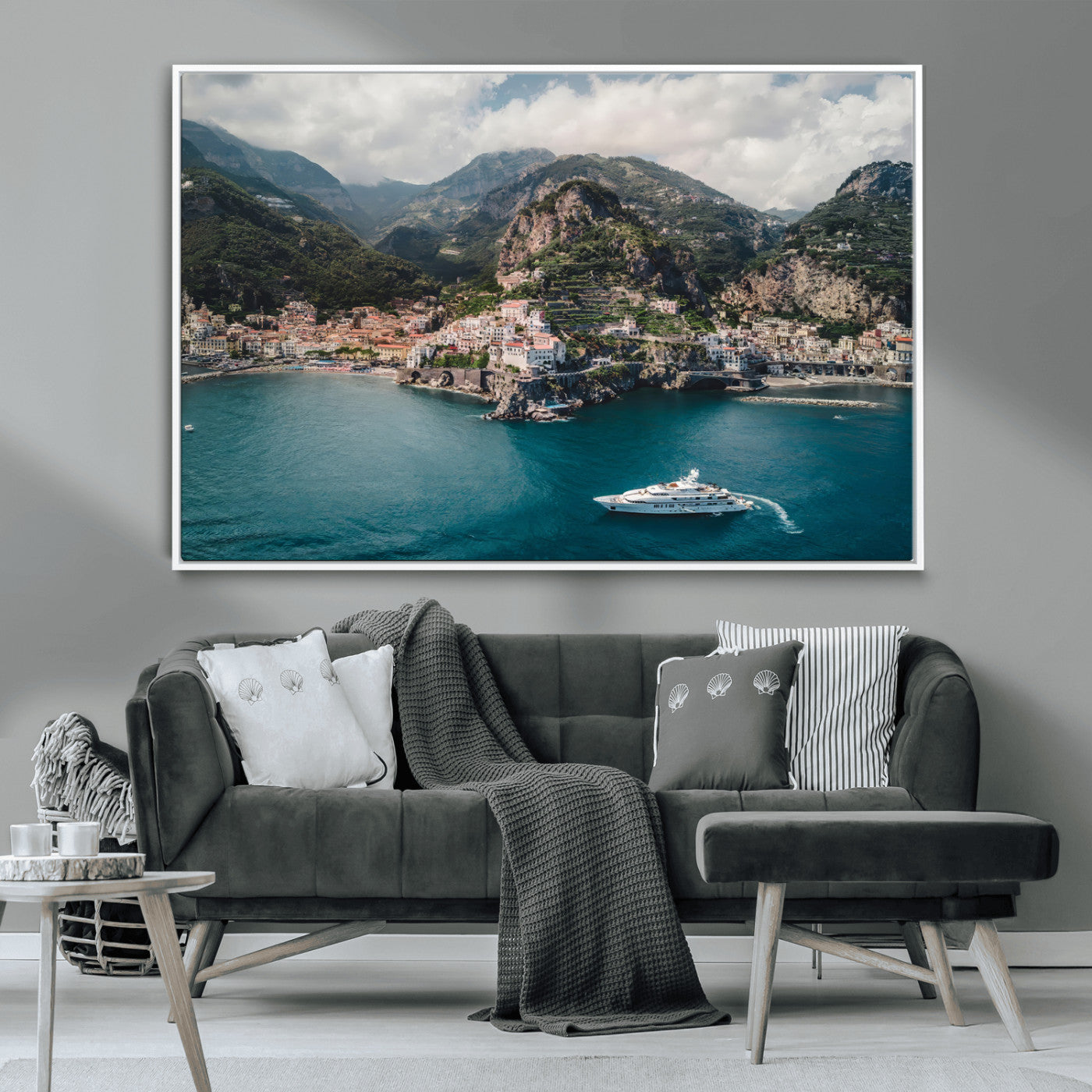 20321590-MGV-CV-36X24-Amalfi Coast Wall Art – Framed Italian Seaside Canvas Artwork, Mediterranean Landscape Design, Coastal Decor for Home, Office