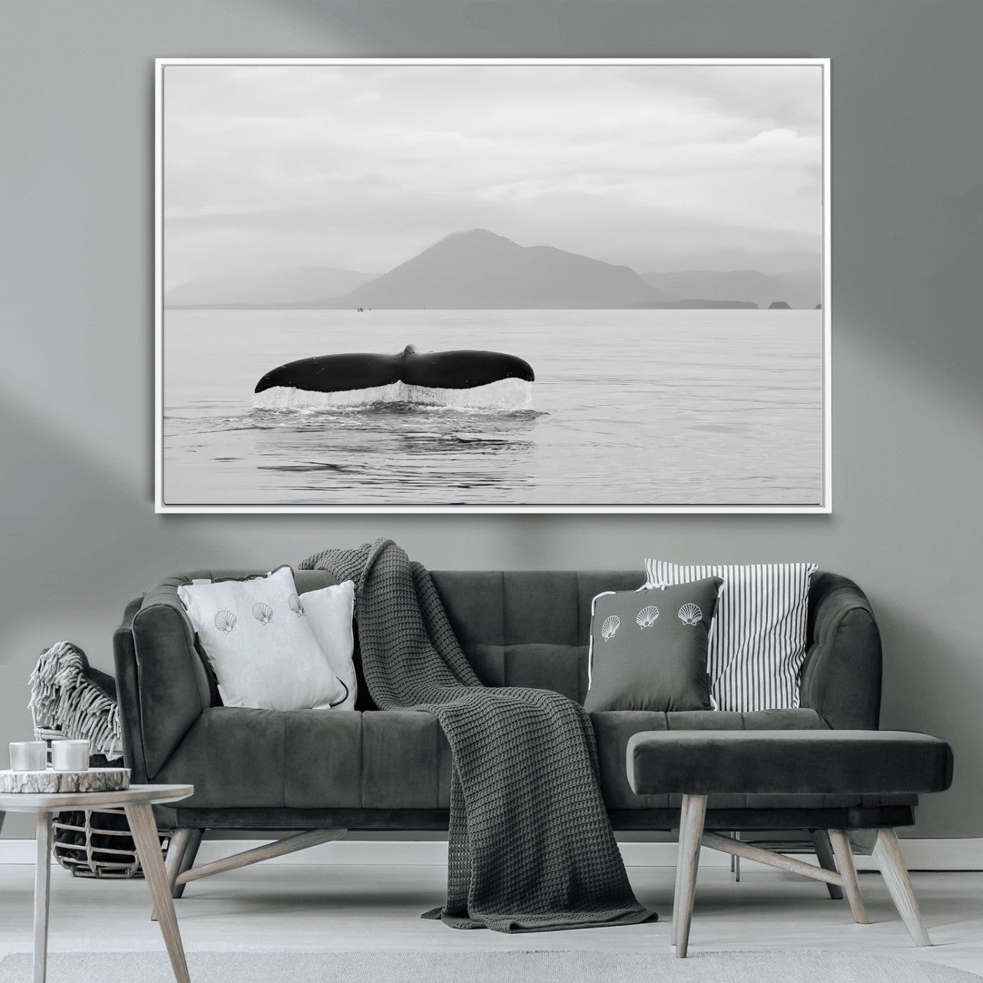 MGV-FC-36X24 - Whale Tail Wall Art Canvas Print, Framed Black White Ocean Art Picture Print, Calm Marine Perfect Minimalist Coastal Decor Artwork
